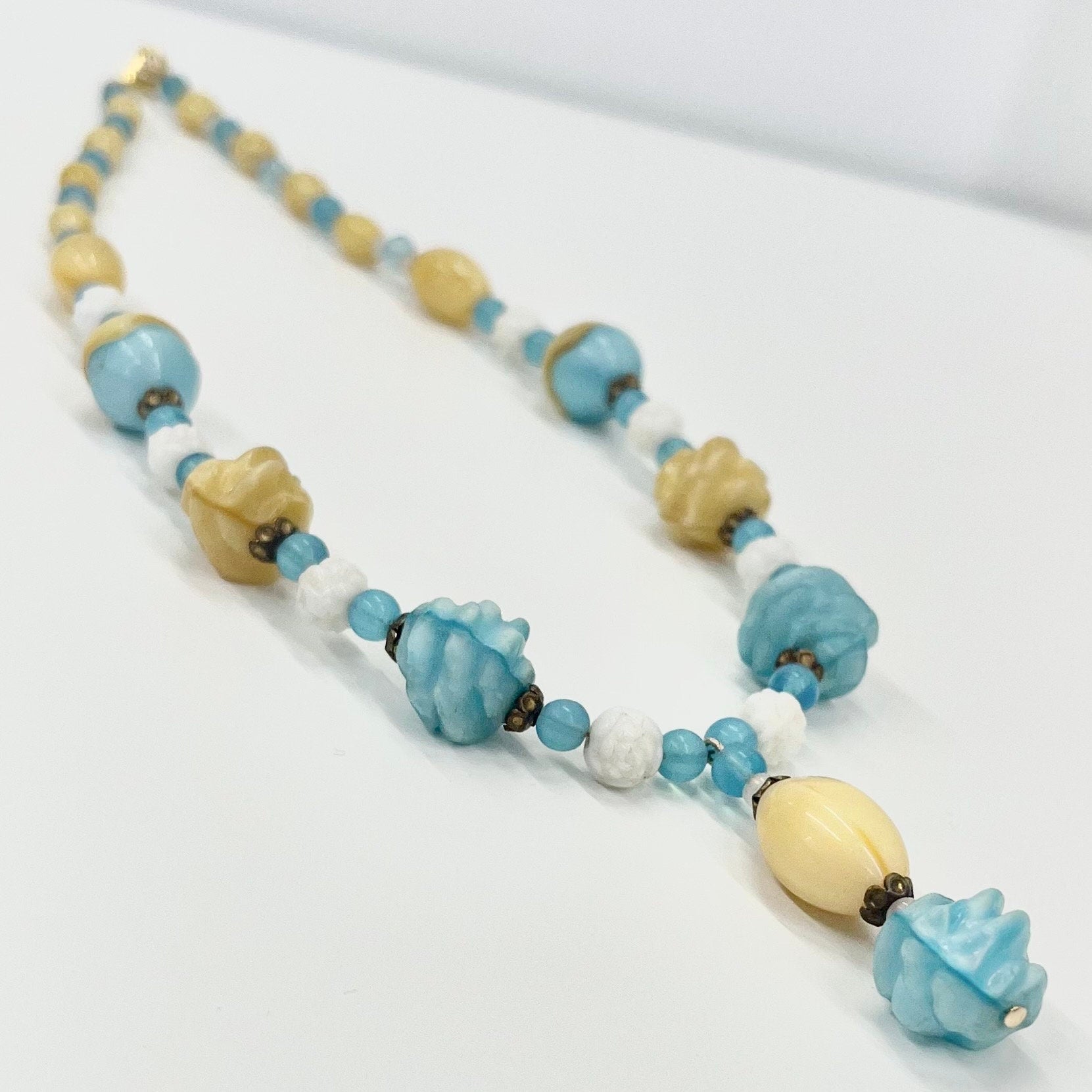 Vintage Art Deco Czech Yellow Uranium White & Blue Glass Bead Necklace Bright Green UV Reactive Glow Jewellery 1930’s TheGreenGlassGemShop