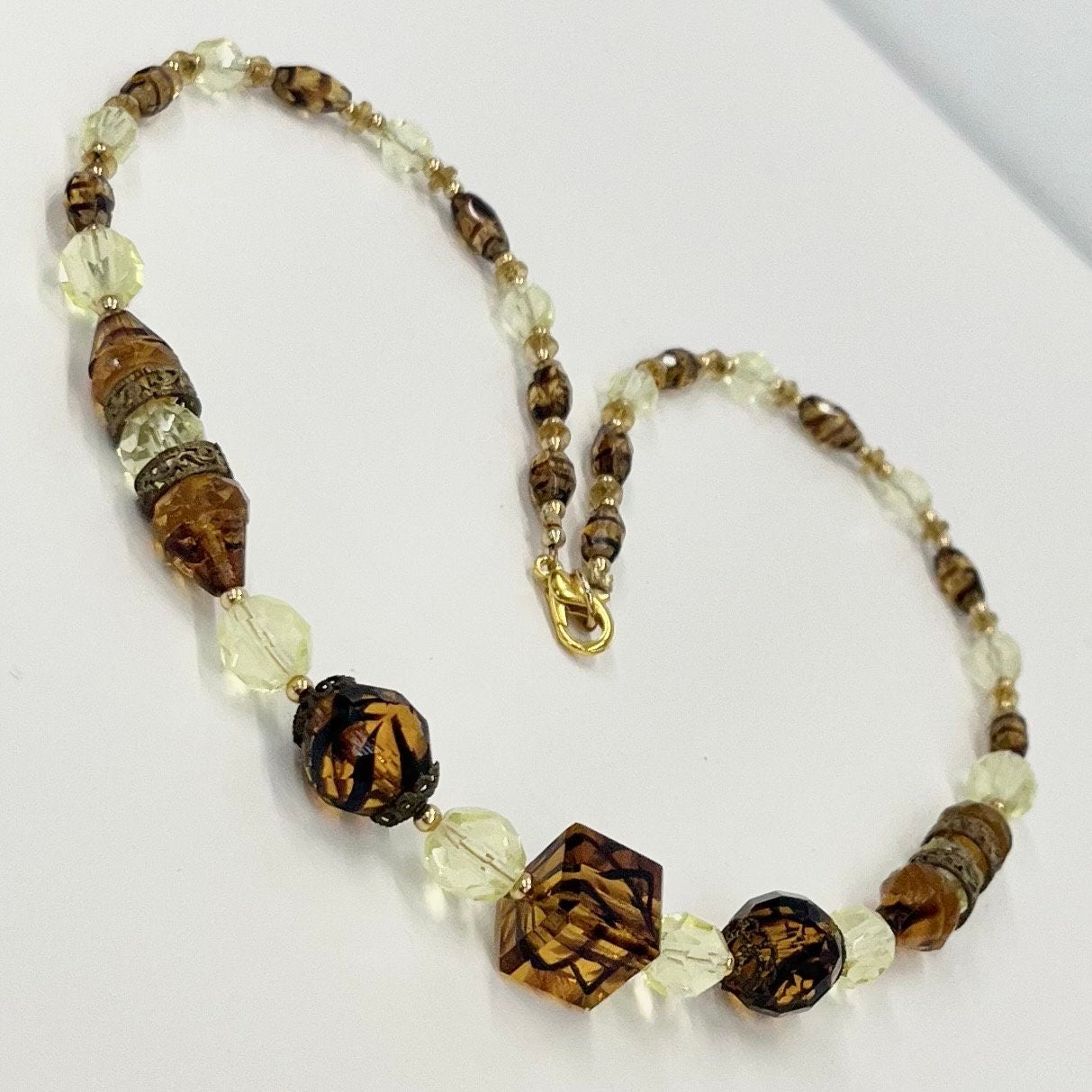 Vintage Art Deco Yellow Uranium & Topaz Tiger Stripe Glass Bead Necklace Bright Green UV Reactive Glow Jewellery 1930’s TheGreenGlassGemShop