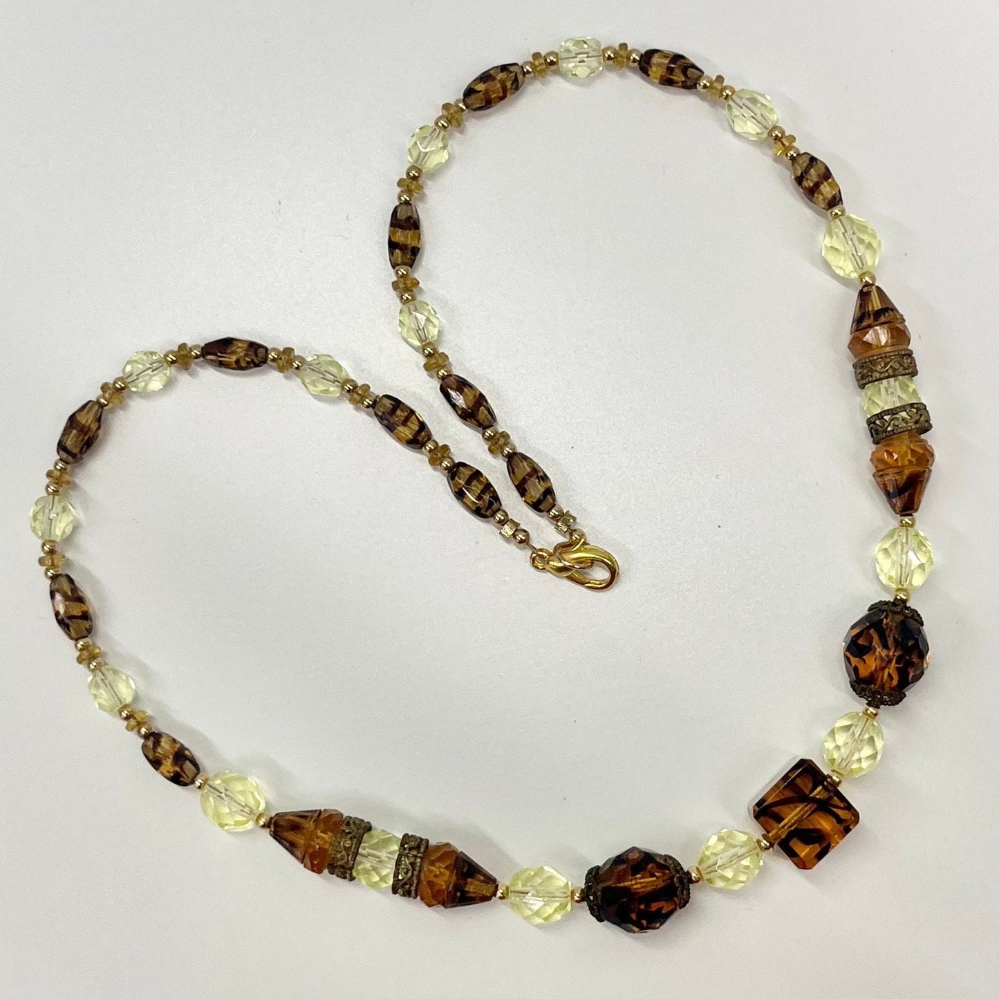 Vintage Art Deco Yellow Uranium & Topaz Tiger Stripe Glass Bead Necklace Bright Green UV Reactive Glow Jewellery 1930’s TheGreenGlassGemShop