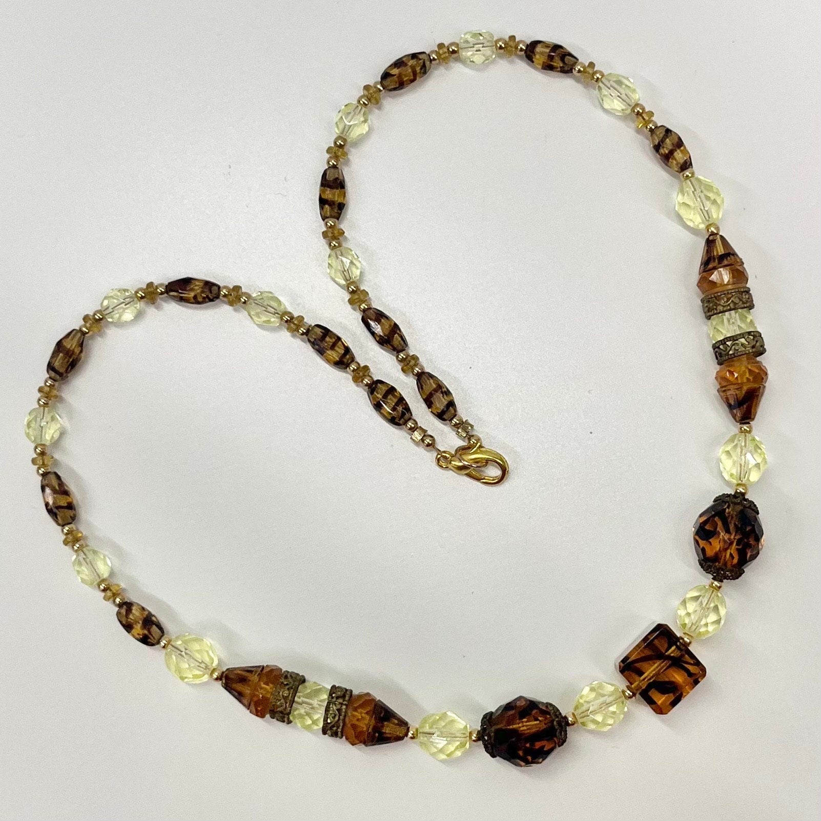 Vintage Art Deco Yellow Uranium & Topaz Tiger Stripe Glass Bead Necklace Bright Green UV Reactive Glow Jewellery 1930’s TheGreenGlassGemShop