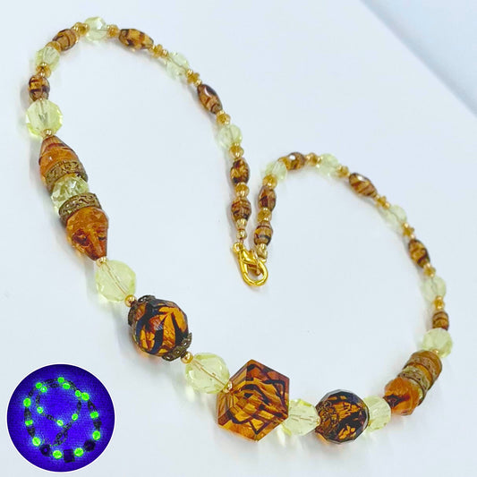 Vintage Art Deco Yellow Uranium & Topaz Tiger Stripe Glass Bead Necklace Bright Green UV Reactive Glow Jewellery 1930’s TheGreenGlassGemShop