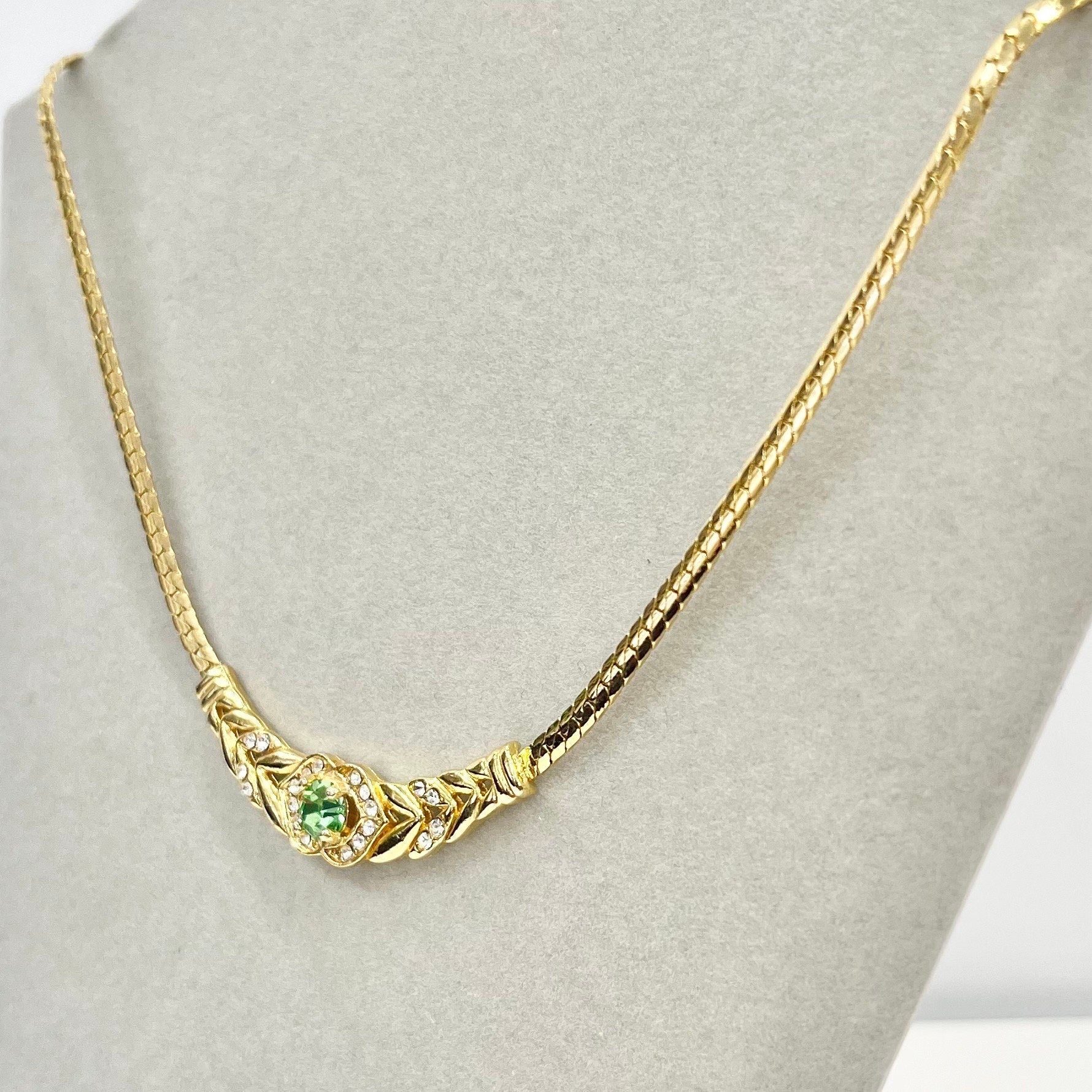 Vintage Gold Plated Flat Snake Chain Green Uranium Glass Crystal Necklace UV Reactive Glow Piece TheGreenGlassGemShop