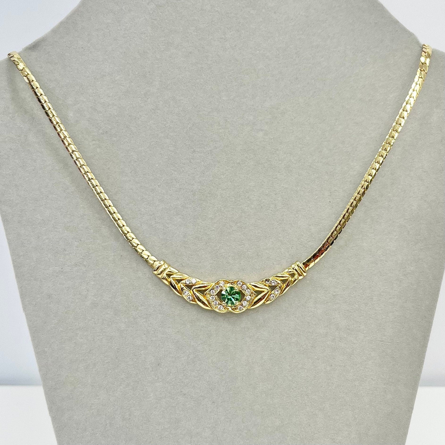 Vintage Gold Plated Flat Snake Chain Green Uranium Glass Crystal Necklace UV Reactive Glow Piece TheGreenGlassGemShop