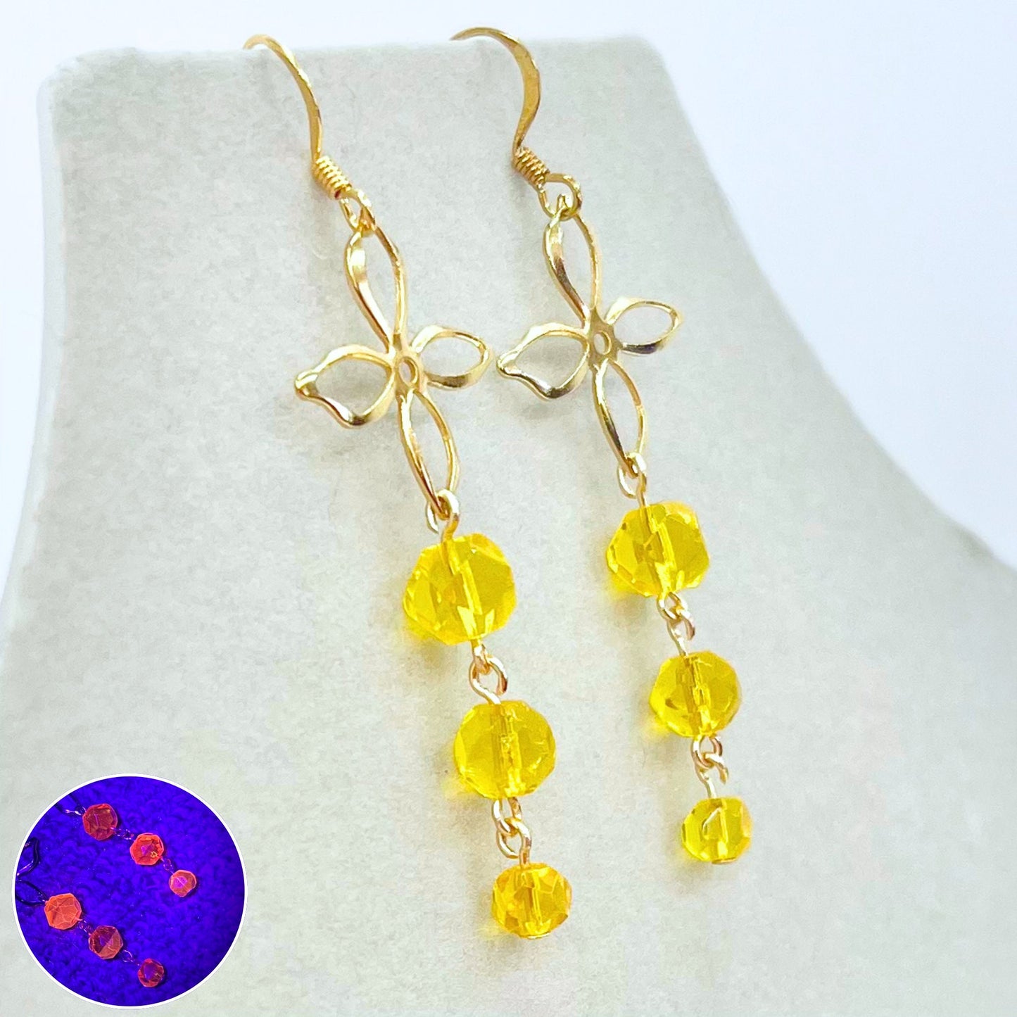 Handmade Yellow Cadmium Glass Bead Drop Trio Flower Earrings Gold Plate with UV Reactive Orange Glow TheGreenGlassGemShop