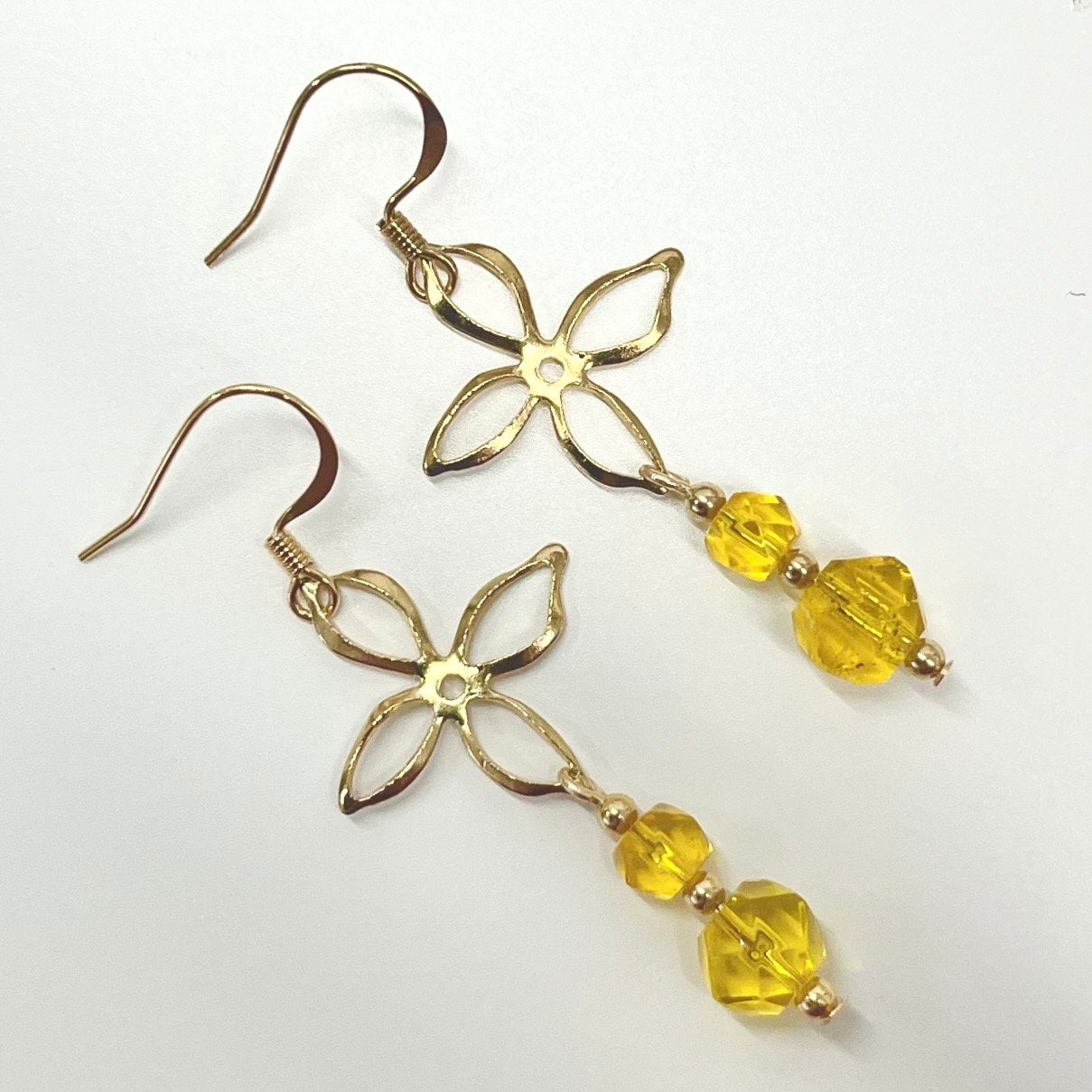 Handmade Yellow Cadmium Glass Bead Drop Duo Flower Earrings Gold Plate with UV Reactive Orange Glow TheGreenGlassGemShop