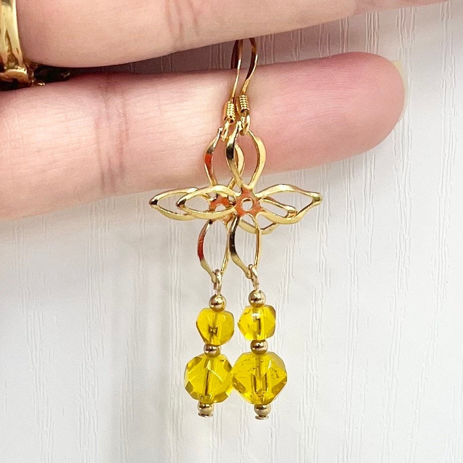 Handmade Yellow Cadmium Glass Bead Drop Duo Flower Earrings Gold Plate with UV Reactive Orange Glow TheGreenGlassGemShop