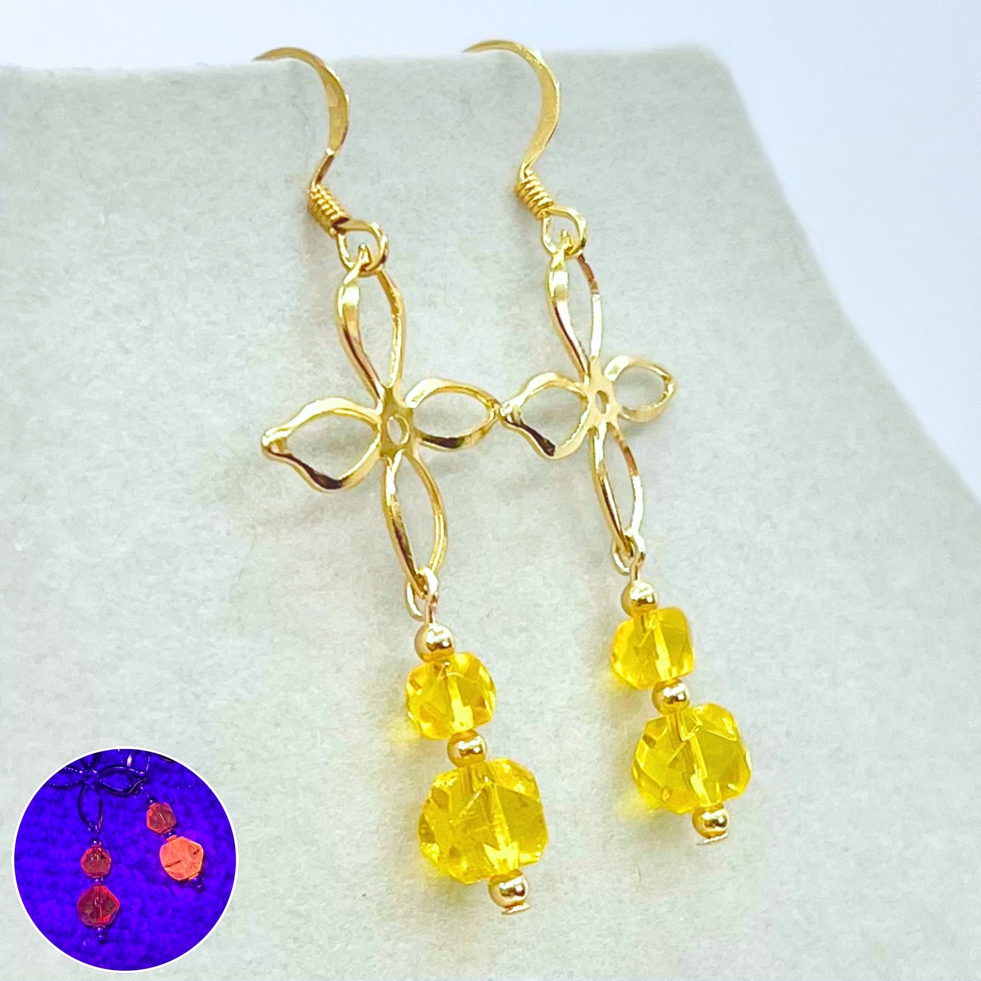 Handmade Yellow Cadmium Glass Bead Drop Duo Flower Earrings Gold Plate with UV Reactive Orange Glow TheGreenGlassGemShop