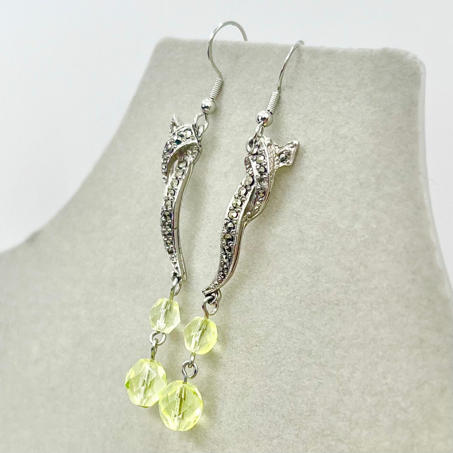 Handmade Unusual Yellow Uranium Glass Bead Drop Marcasite Earrings Silver Plate with UV Reactive Green Glow TheGreenGlassGemShop