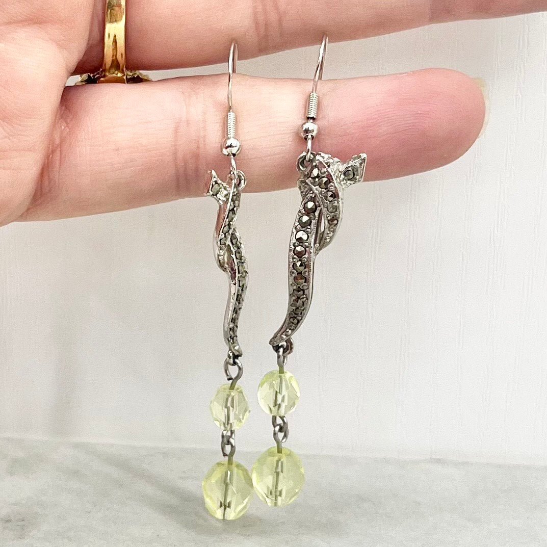 Handmade Unusual Yellow Uranium Glass Bead Drop Marcasite Earrings Silver Plate with UV Reactive Green Glow TheGreenGlassGemShop