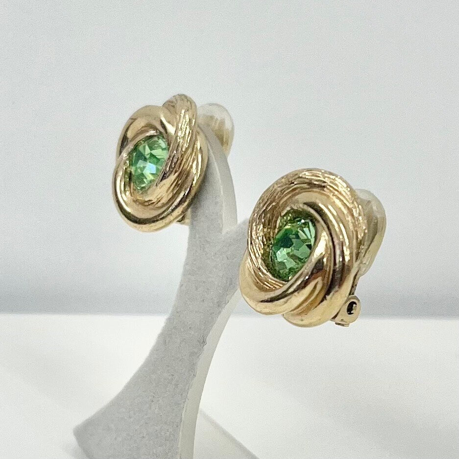 Vintage Green Uranium Crystal Gold Tone Knot Clip On Earrings UV Reactive Glowing Statement Jewellery TheGreenGlassGemShop