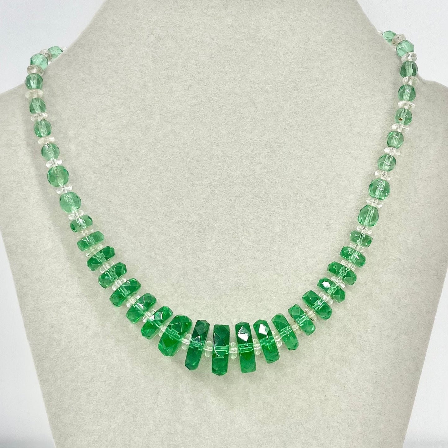 Art Deco 1930’s Green Glass Graduated Rondelle Beaded Necklace Excellent Quality Beads Vintage Jewellery 16” Long TheGreenGlassGemShop