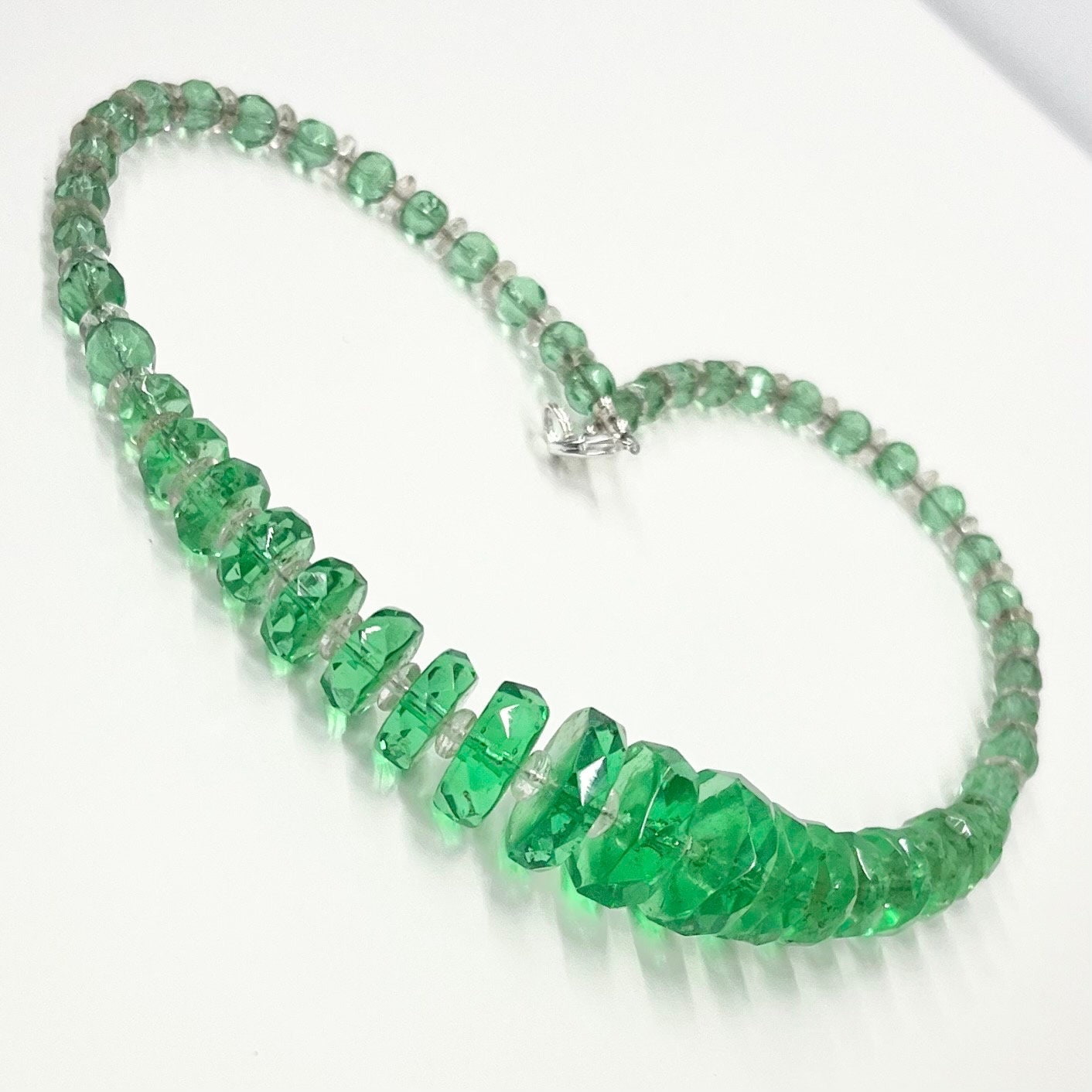 Art Deco 1930’s Green Glass Graduated Rondelle Beaded Necklace Excellent Quality Beads Vintage Jewellery 16” Long TheGreenGlassGemShop