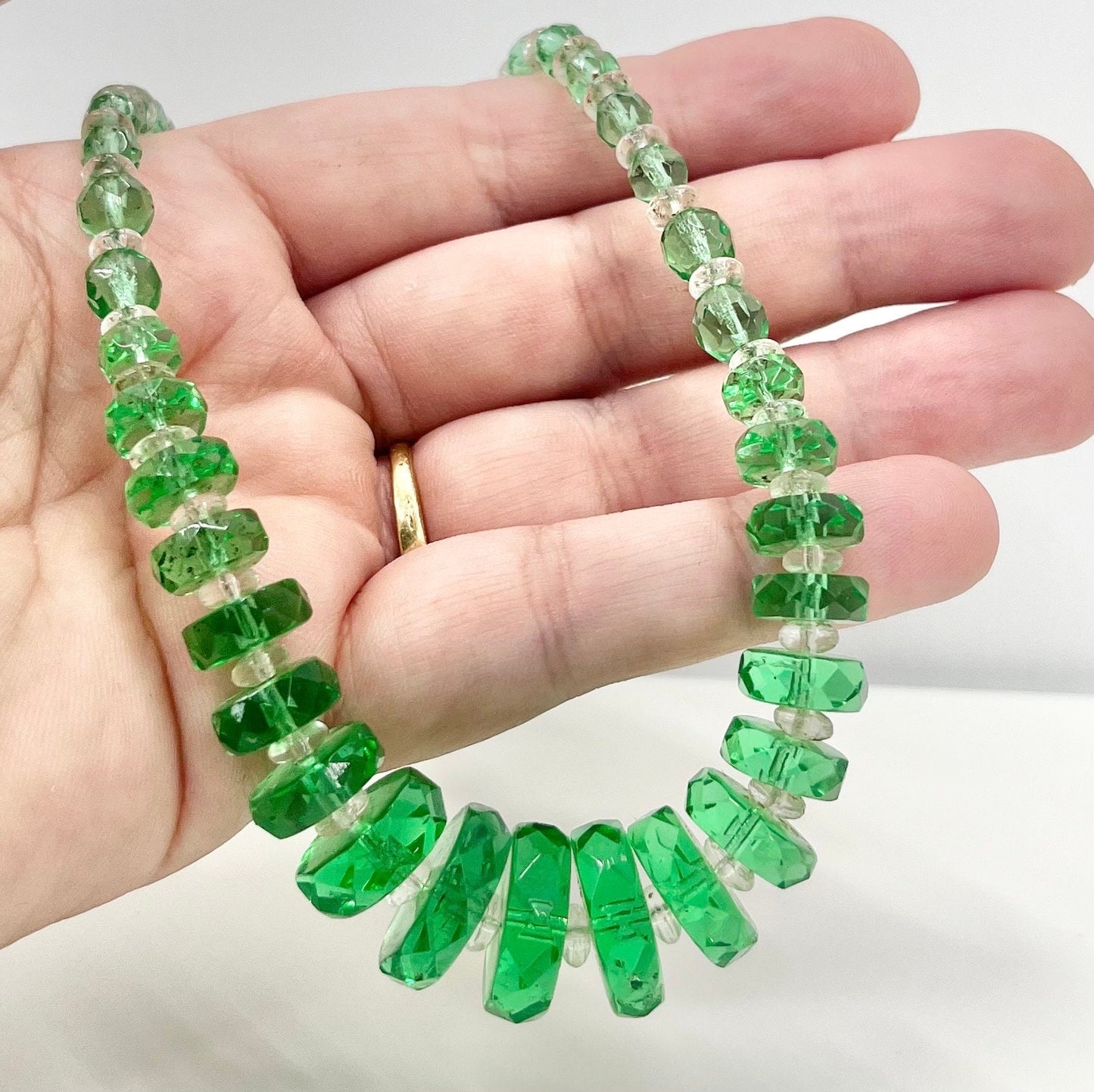 Art Deco 1930’s Green Glass Graduated Rondelle Beaded Necklace Excellent Quality Beads Vintage Jewellery 16” Long TheGreenGlassGemShop