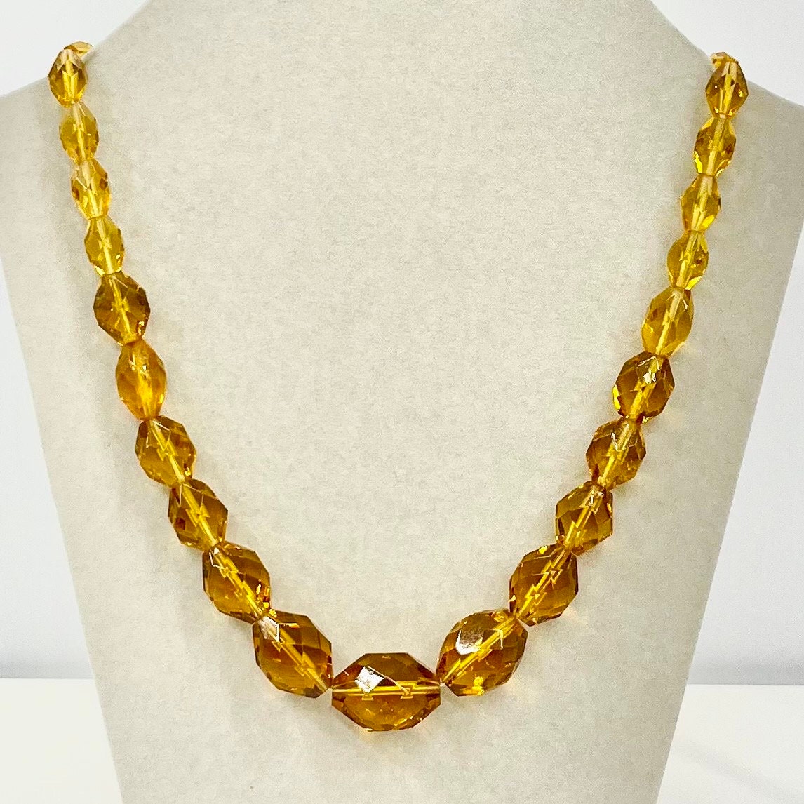 Vintage Amber Topaz Colour Faceted Glass Beaded Necklace Beautiful Oval Beads Vintage Jewellery 20” Long TheGreenGlassGemShop