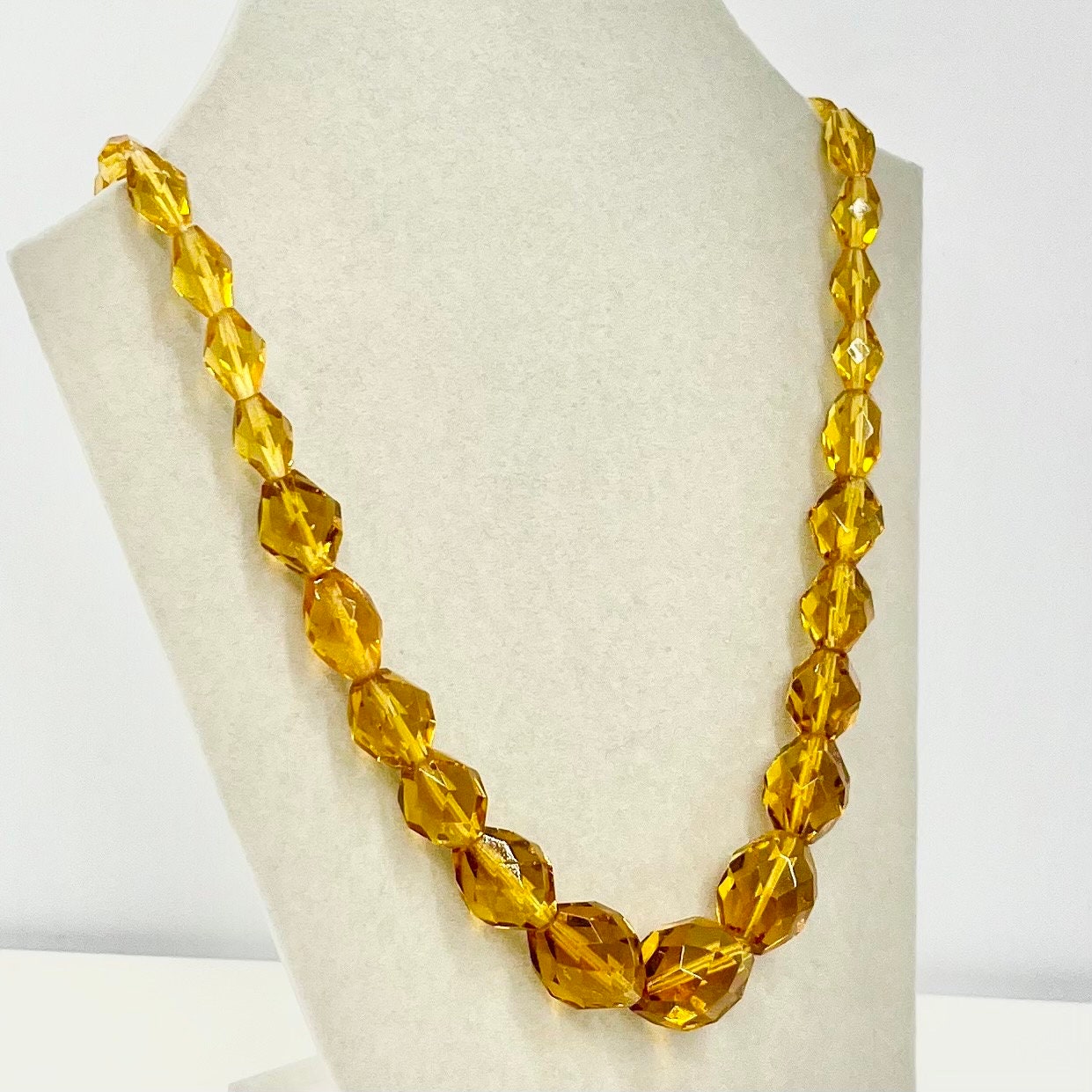 Vintage Amber Topaz Colour Faceted Glass Beaded Necklace Beautiful Oval Beads Vintage Jewellery 20” Long TheGreenGlassGemShop