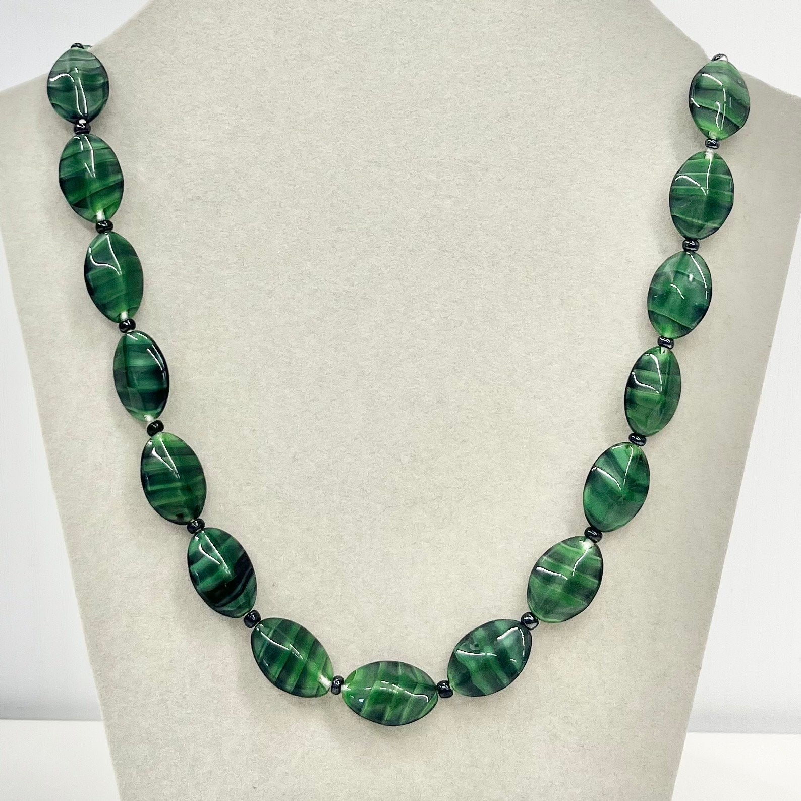 Vintage Green Striated Czech Glass Satin Beaded Necklace Excellent Quality Beads Vintage Jewellery 19.5” Long TheGreenGlassGemShop