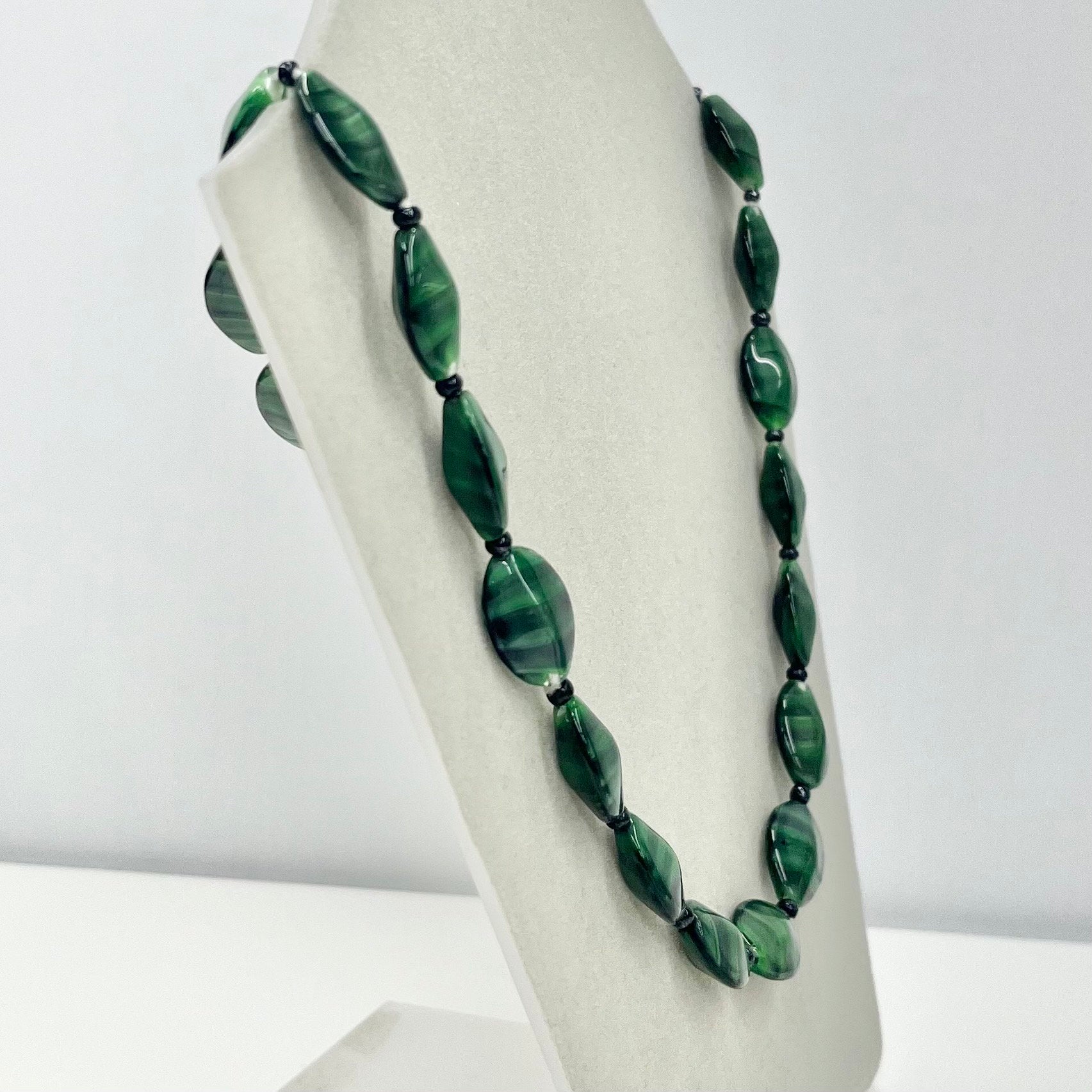 Vintage Green Striated Czech Glass Satin Beaded Necklace Excellent Quality Beads Vintage Jewellery 19.5” Long TheGreenGlassGemShop