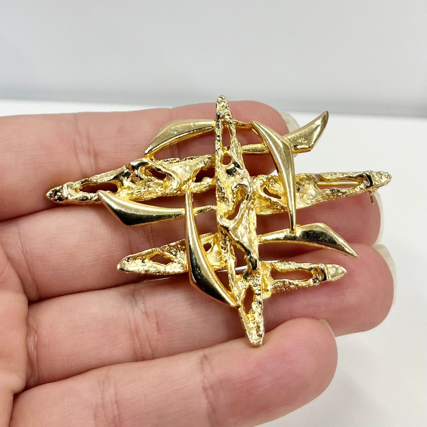 Vintage Gold Tone Brutalist Brooch Large Contempory Costume Jewellery Piece TheGreenGlassGemShop