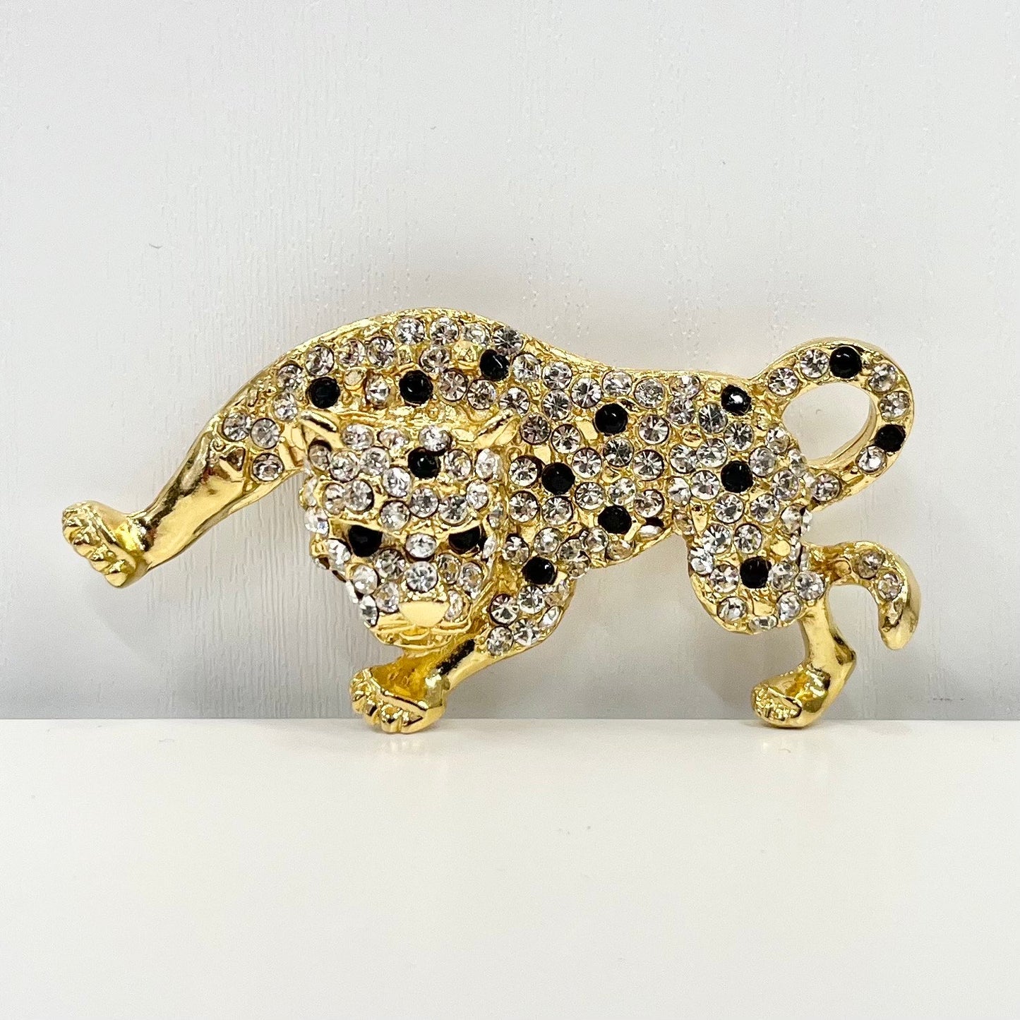 Vintage Gold Tone Leopard Brooch Large Clear & Black Crystal Crouching Big Cat Brooch Costume Jewellery Piece TheGreenGlassGemShop