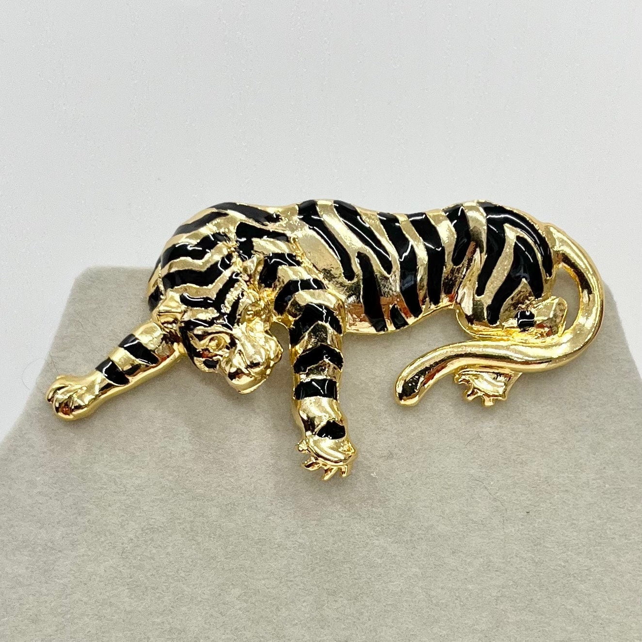 Vintage Gold Tone Black Enamel Tiger Brooch Large Big Cat Brooch Costume Jewellery Piece TheGreenGlassGemShop