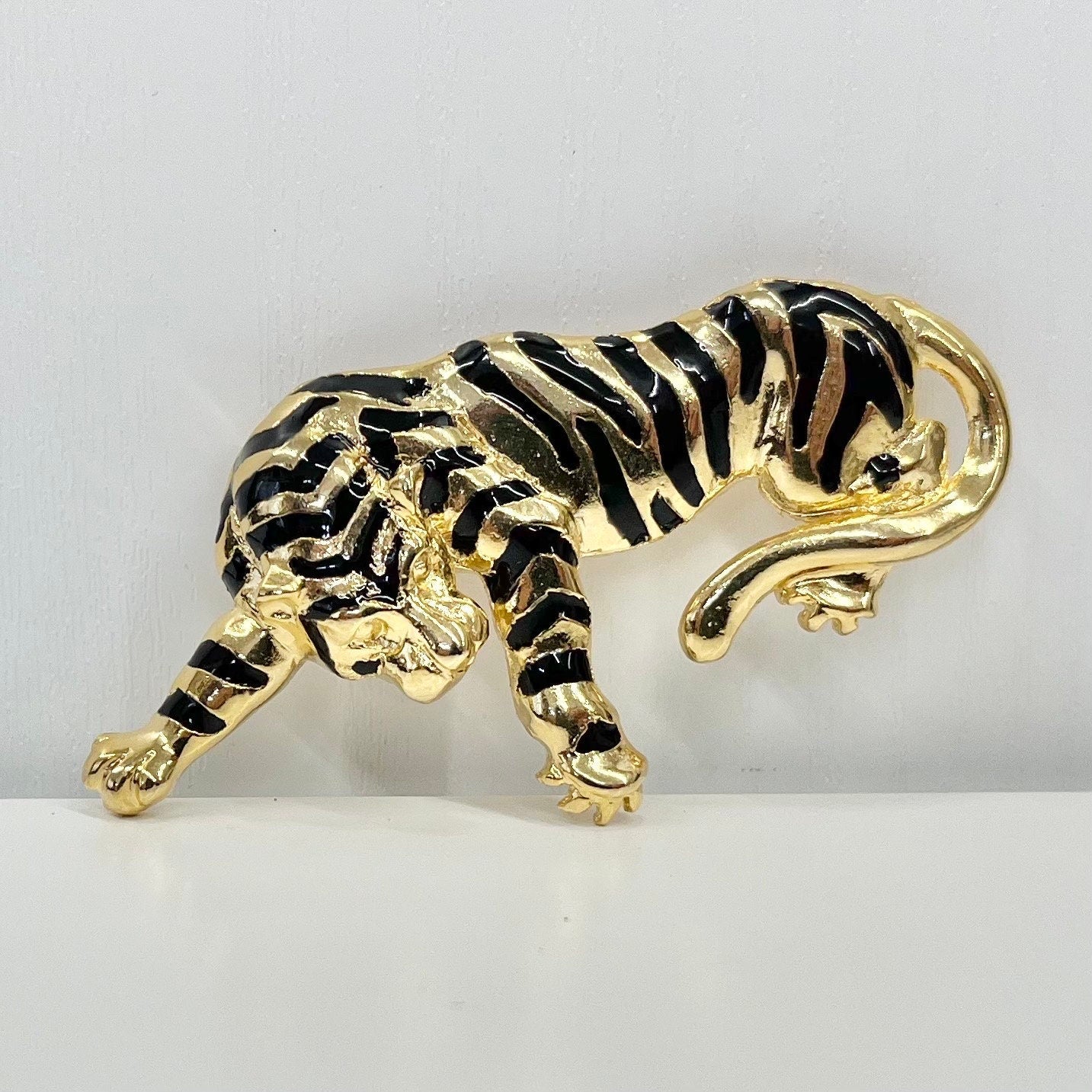 Vintage Gold Tone Black Enamel Tiger Brooch Large Big Cat Brooch Costume Jewellery Piece TheGreenGlassGemShop