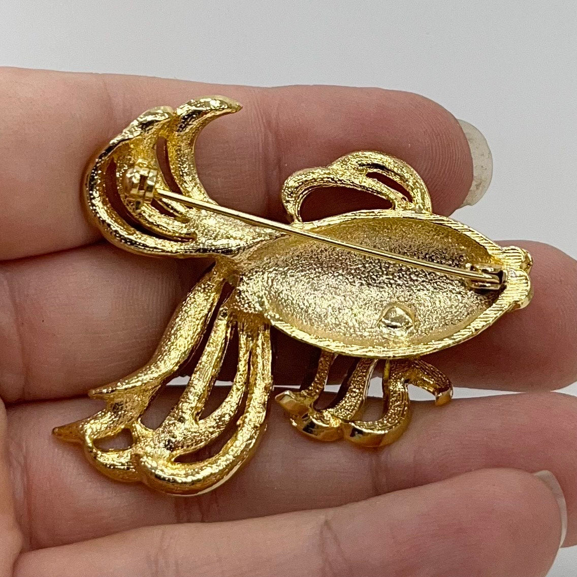 Vintage Gold Tone Fancy Goldfish Brooch with Clear Crystal Accents Costume Jewellery Statement Piece TheGreenGlassGemShop