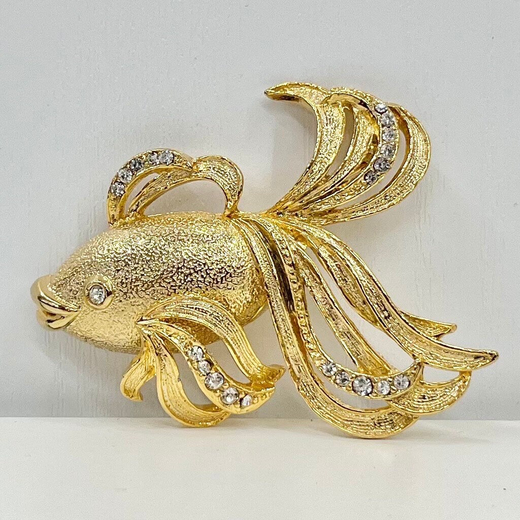 Vintage Gold Tone Fancy Goldfish Brooch with Clear Crystal Accents Costume Jewellery Statement Piece TheGreenGlassGemShop