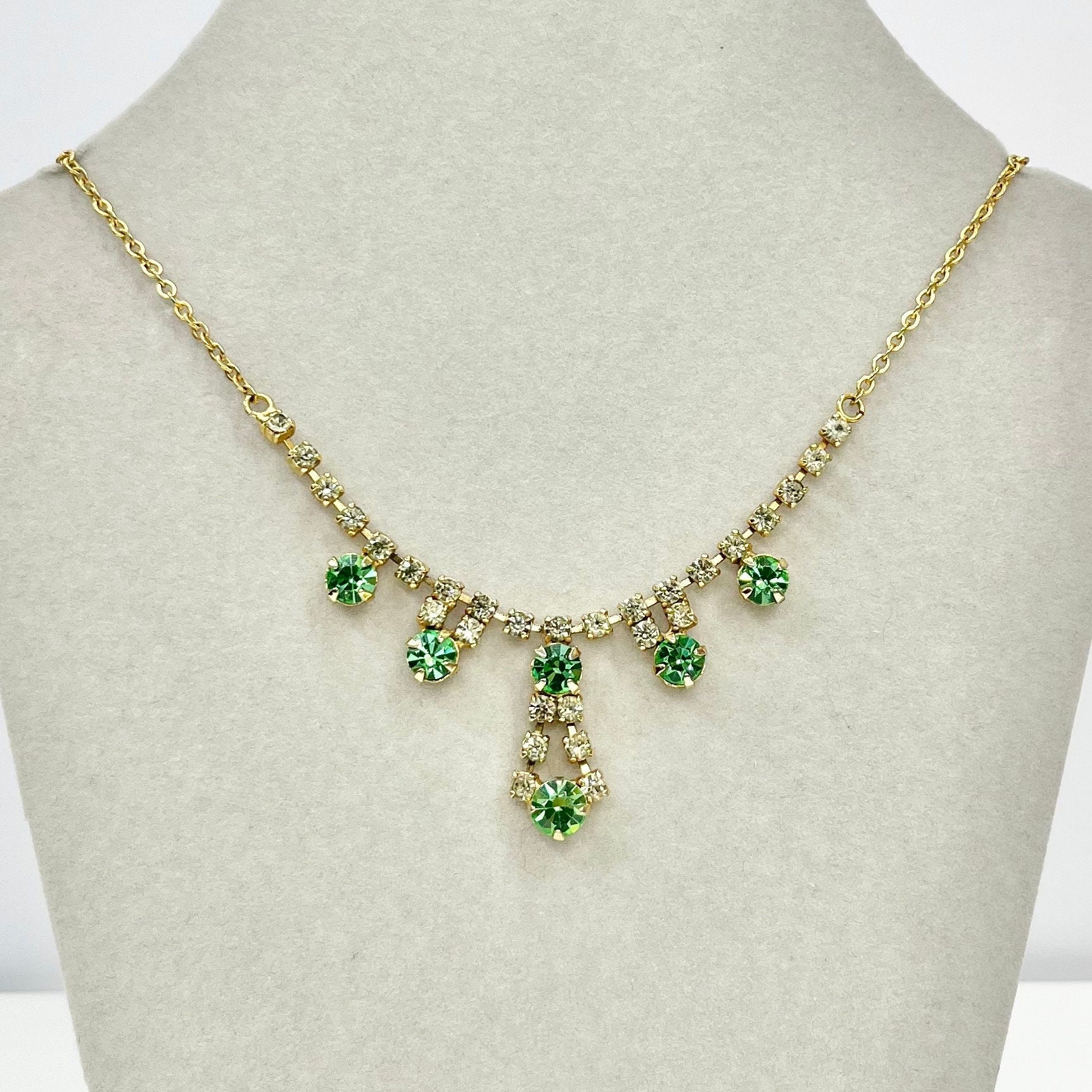 Vintage Peridot Green Uranium Crystal Drop Necklace Gold Tone Metal UV Reactive Glow Piece TheGreenGlassGemShop