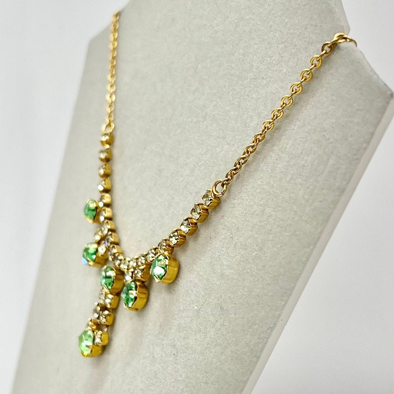 Vintage Peridot Green Uranium Crystal Drop Necklace Gold Tone Metal UV Reactive Glow Piece TheGreenGlassGemShop