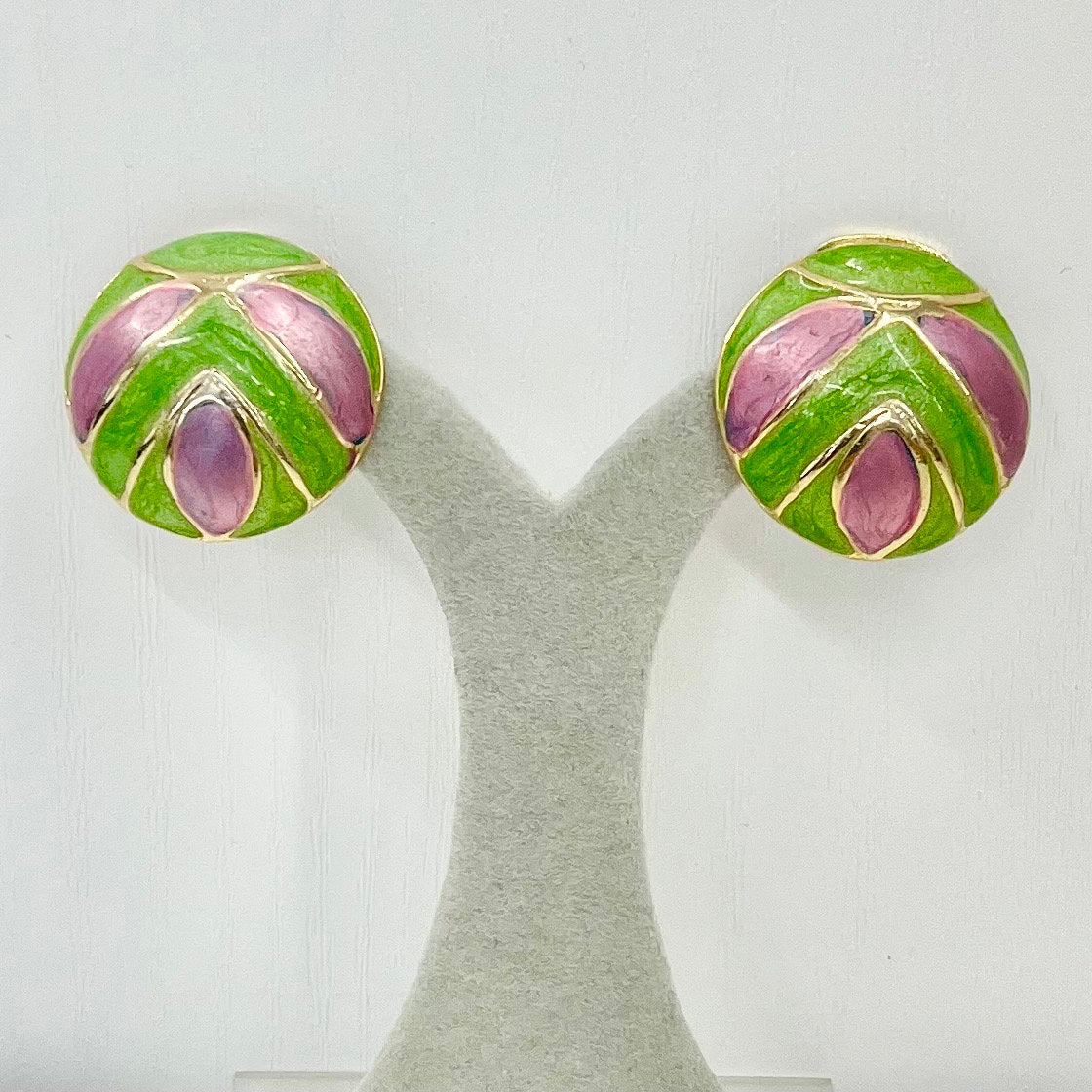 Vintage Enamel Clip On Earrings Pink & Green in a Gold Tone Setting 1980’s - 1990’s TheGreenGlassGemShop