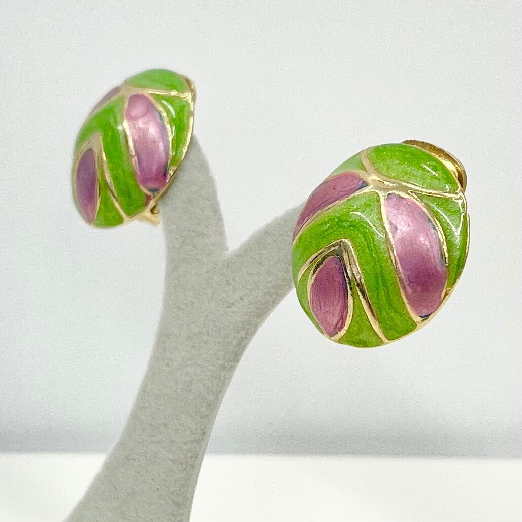 Vintage Enamel Clip On Earrings Pink & Green in a Gold Tone Setting 1980’s - 1990’s TheGreenGlassGemShop