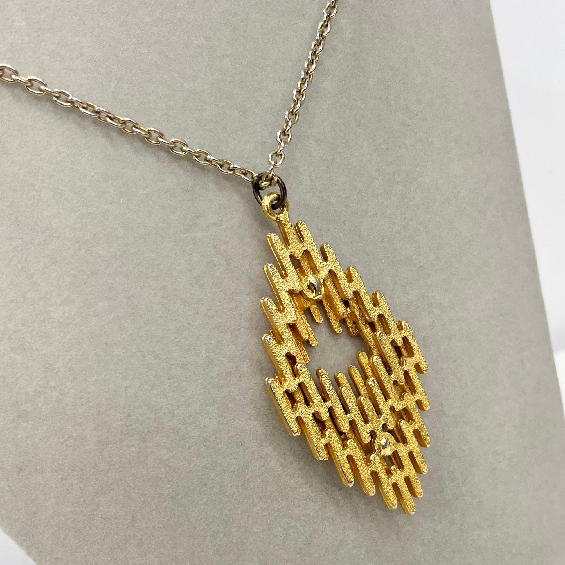 Vintage 1970‘s Gold Plate Brutalist Pendant Necklace in a Layered Diamond Shape Design with a 27” Chain TheGreenGlassGemShop