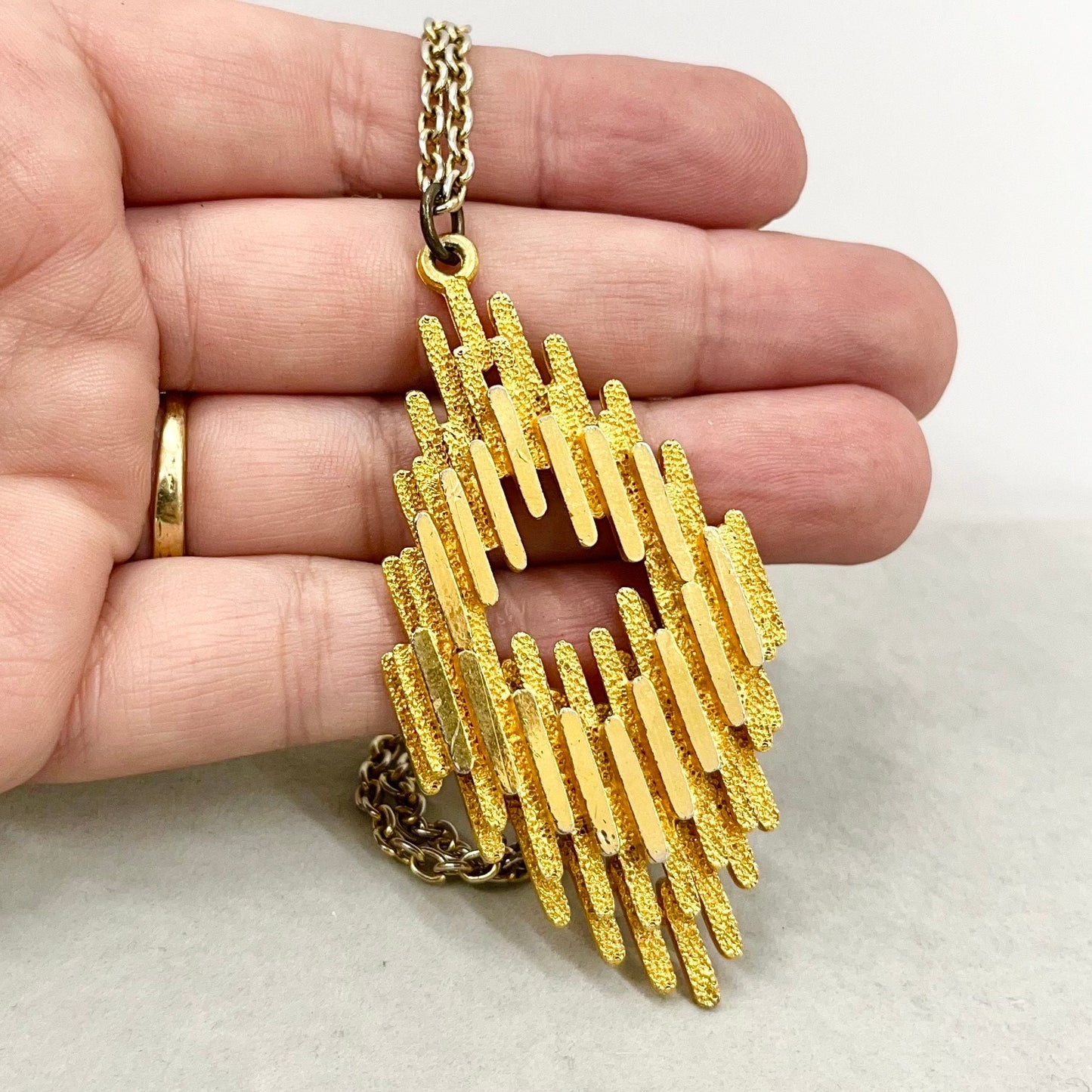 Vintage 1970‘s Gold Plate Brutalist Pendant Necklace in a Layered Diamond Shape Design with a 27” Chain TheGreenGlassGemShop