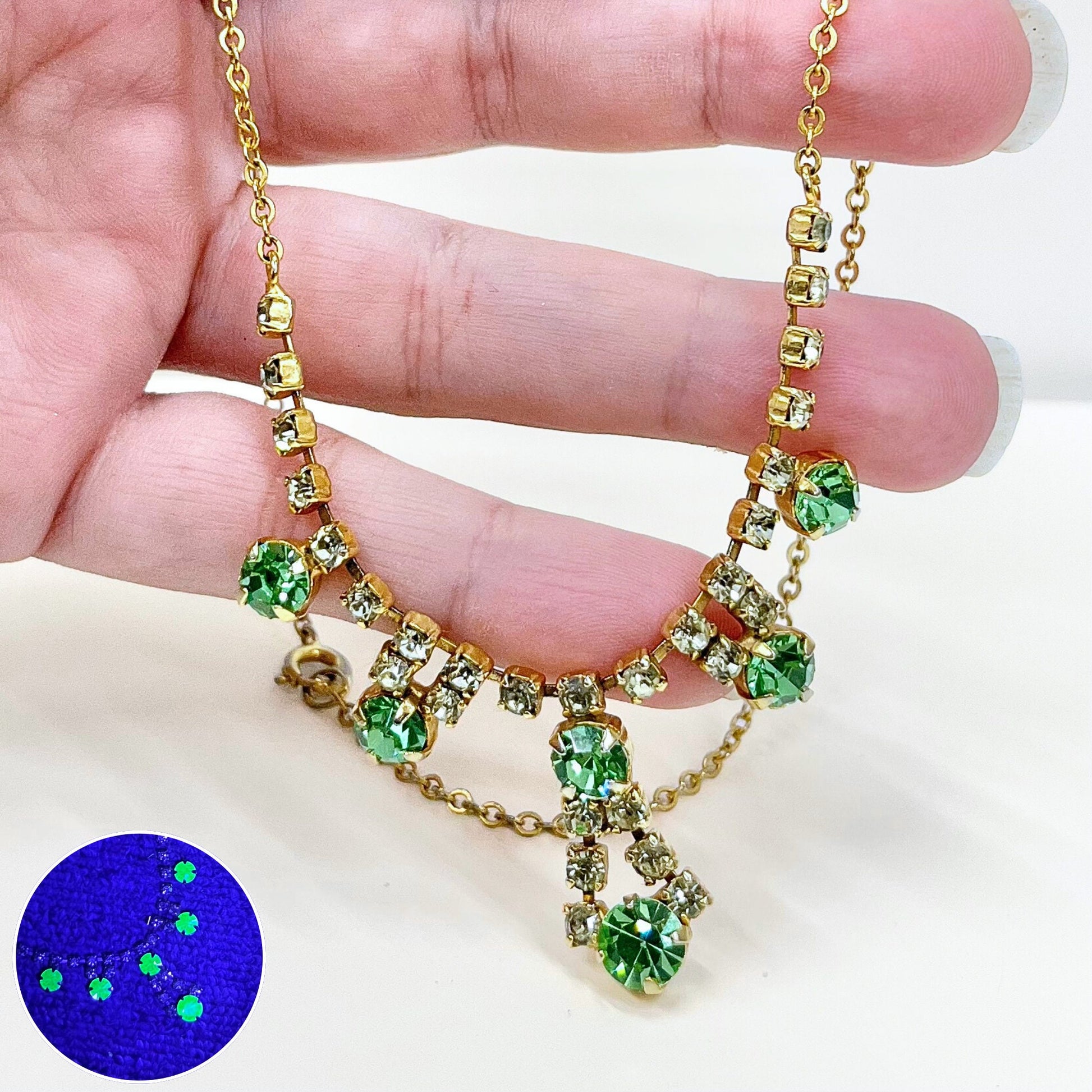 Vintage Peridot Green Uranium Crystal Drop Necklace Gold Tone Metal UV Reactive Glow Piece TheGreenGlassGemShop