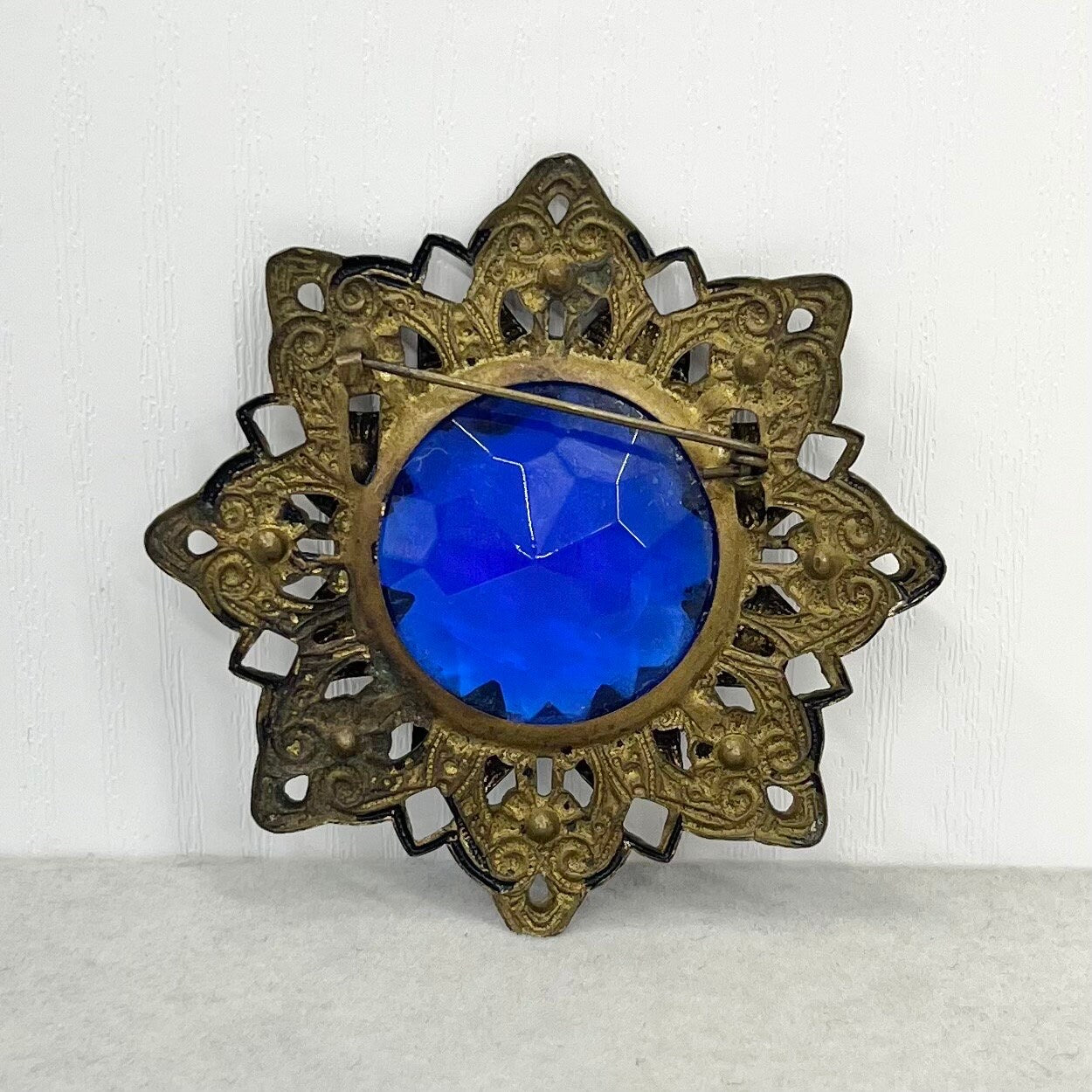 Antique Large Art Deco Blue Czech Glass Crystal Brooch in a Brass Stamping Filigree Setting Exceptional Quality Vintage Brooch TheGreenGlassGemShop