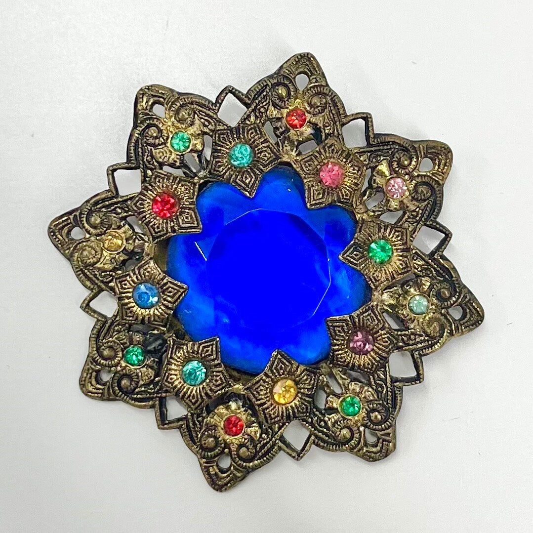 Antique Large Art Deco Blue Czech Glass Crystal Brooch in a Brass Stamping Filigree Setting Exceptional Quality Vintage Brooch TheGreenGlassGemShop