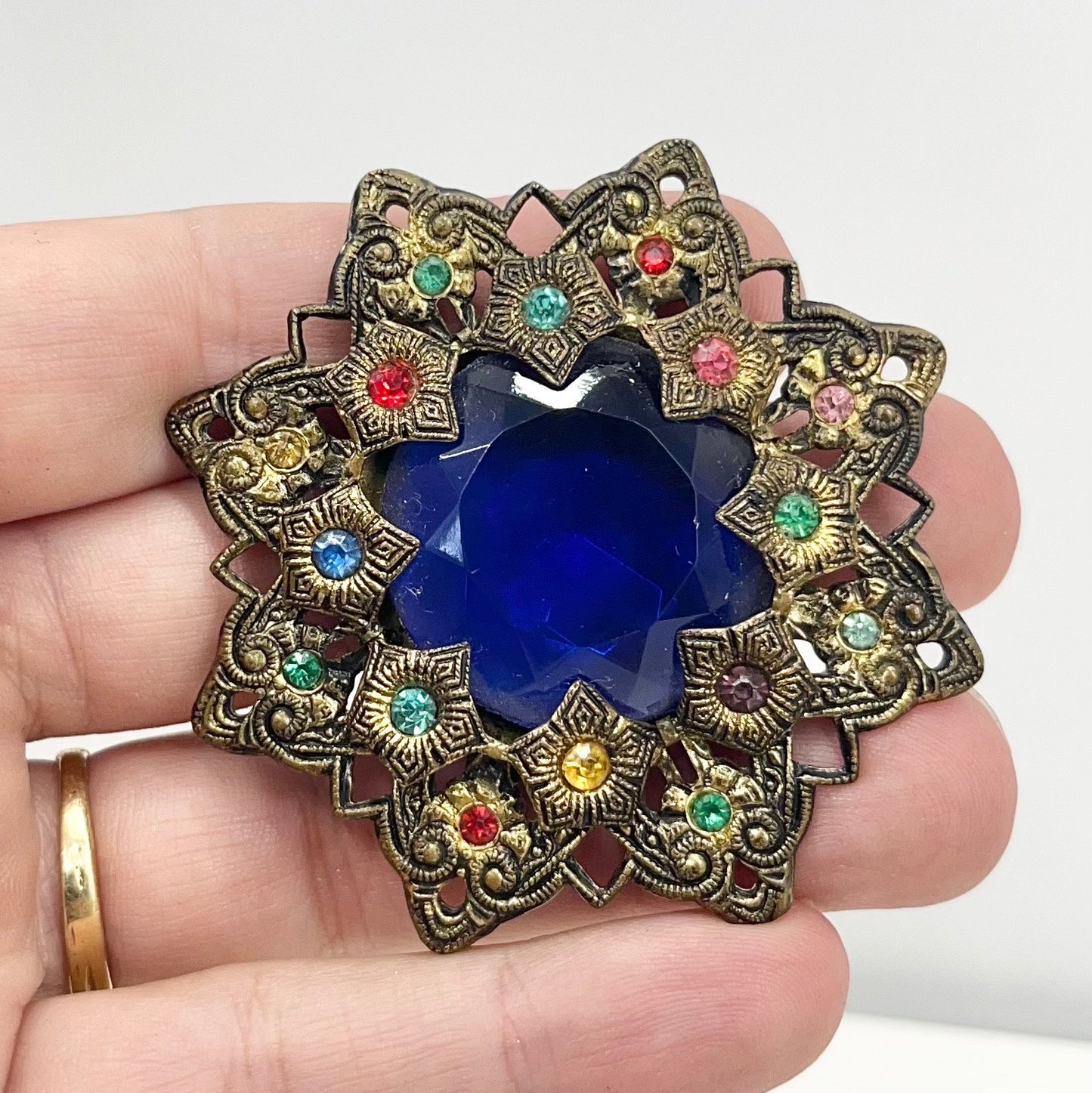 Antique Large Art Deco Blue Czech Glass Crystal Brooch in a Brass Stamping Filigree Setting Exceptional Quality Vintage Brooch TheGreenGlassGemShop