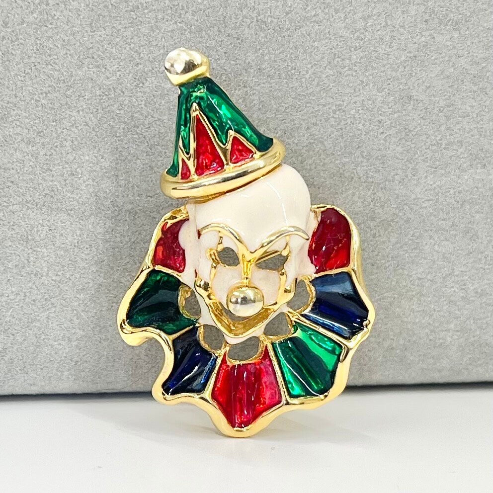 Vintage Gold Tone Enamelled Clown Head / Face Brooch Costume Jewellery Piece Creepy Kitsch TheGreenGlassGemShop