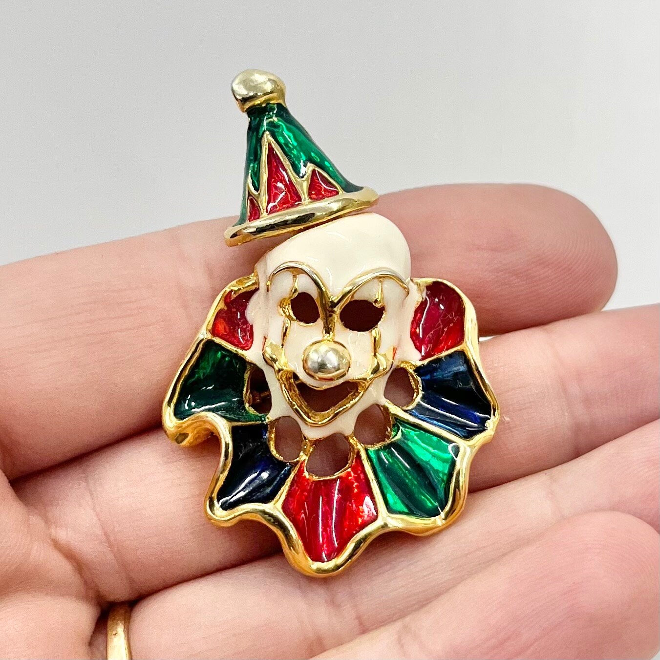 Vintage Gold Tone Enamelled Clown Head / Face Brooch Costume Jewellery Piece Creepy Kitsch TheGreenGlassGemShop