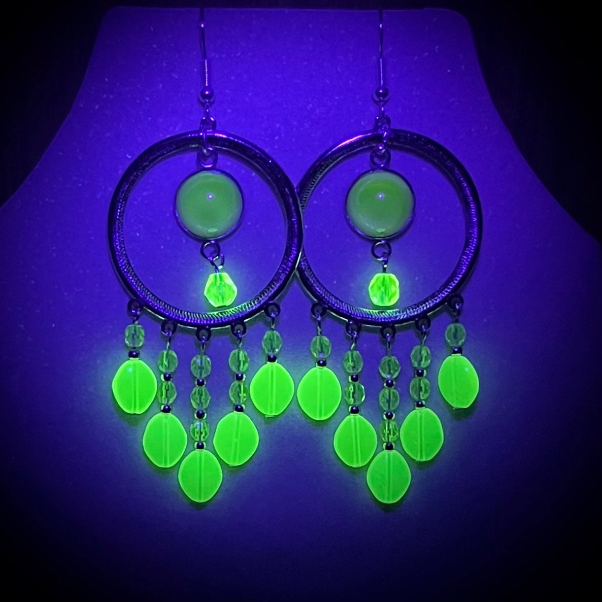 Handmade Yellow Uranium Glass Bead Drop Earrings Circular Chandelier Style UV Reactive Glow with Vintage Czech Firepolished Crystal Beads TheGreenGlassGemShop