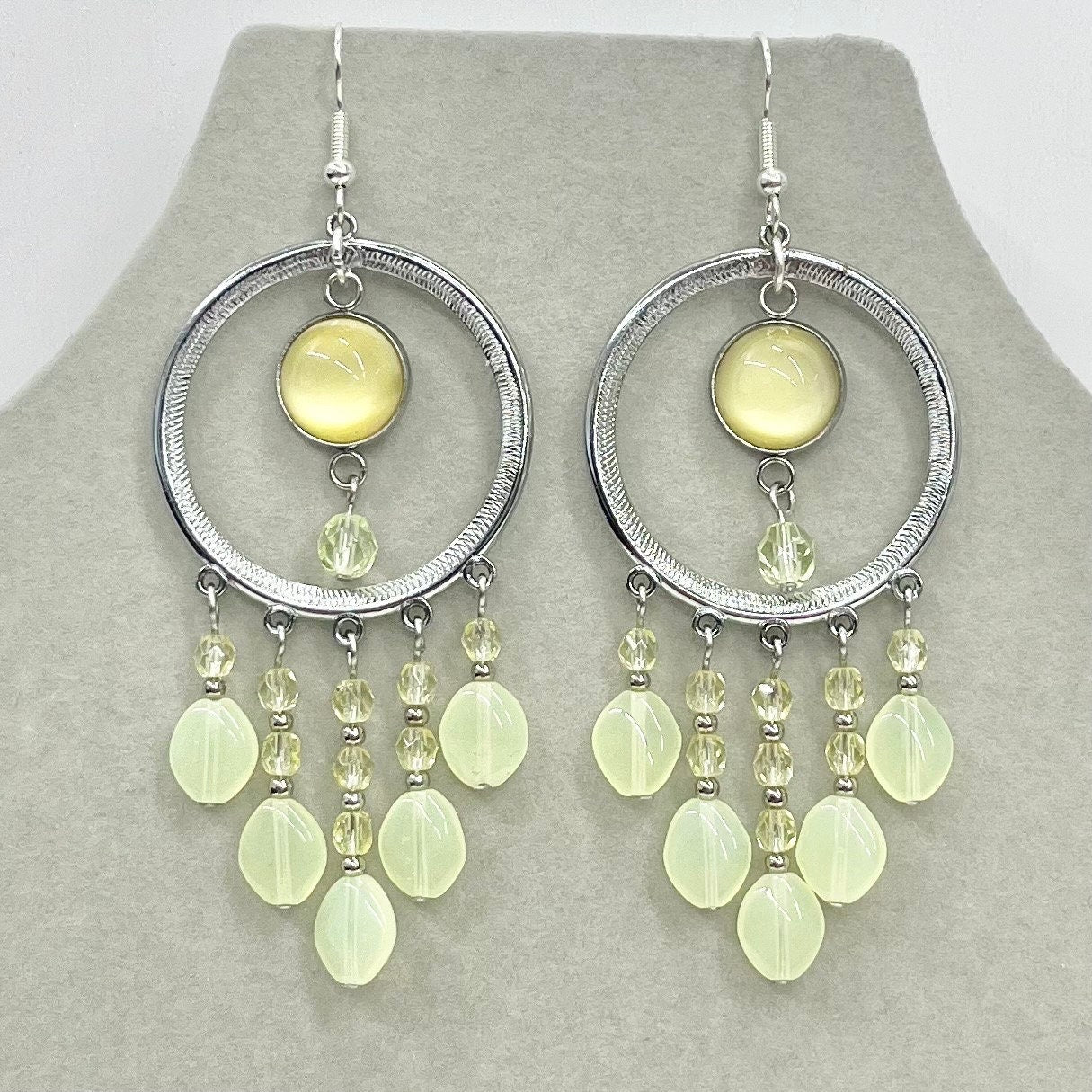 Handmade Yellow Uranium Glass Bead Drop Earrings Circular Chandelier Style UV Reactive Glow with Vintage Czech Firepolished Crystal Beads TheGreenGlassGemShop