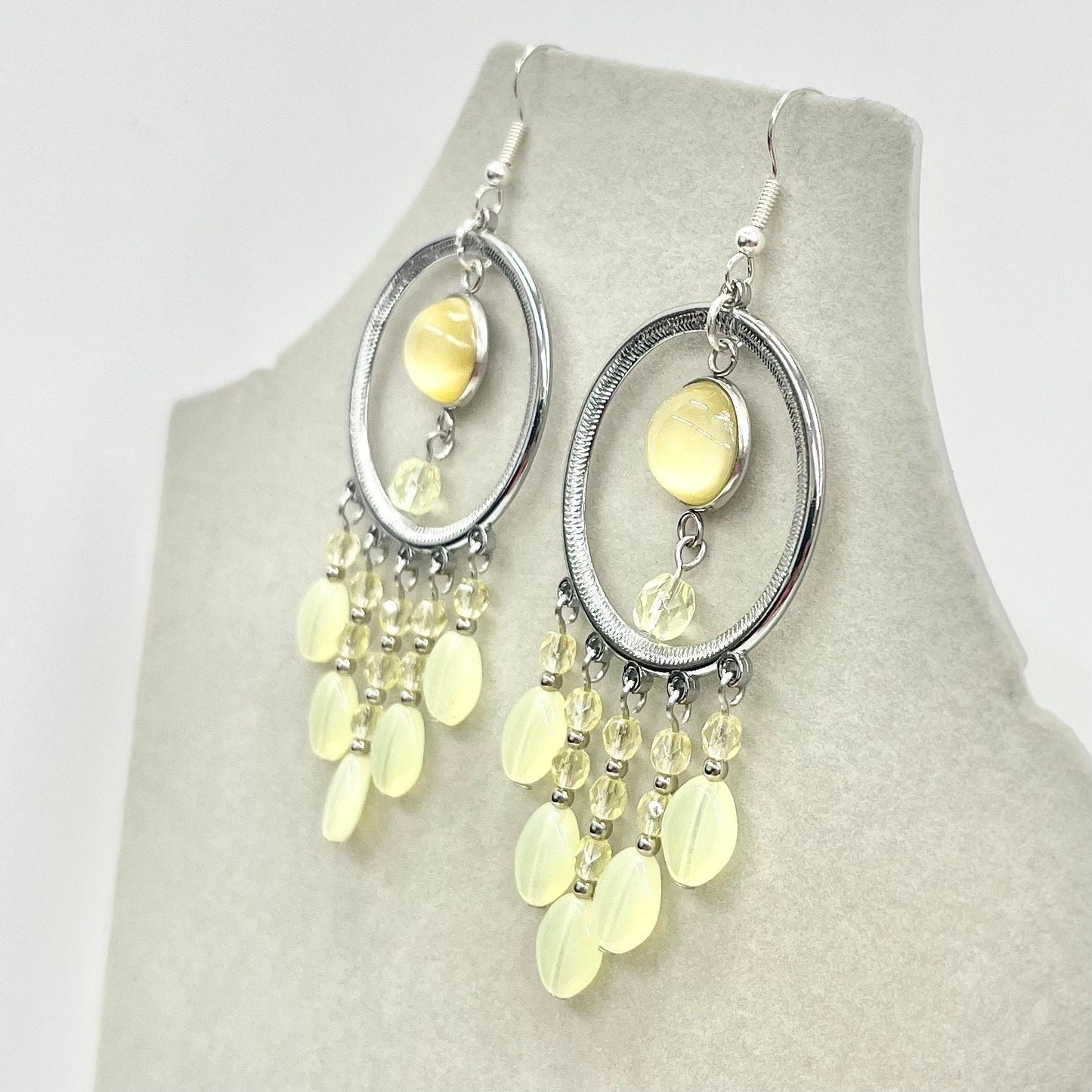 Handmade Yellow Uranium Glass Bead Drop Earrings Circular Chandelier Style UV Reactive Glow with Vintage Czech Firepolished Crystal Beads TheGreenGlassGemShop