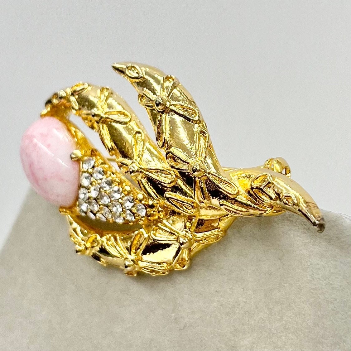 Unusual Vintage Gold Tone Brooch with Clear Crystal Accents & a Pink Glass Cabachon Costume Jewellery Statement Piece TheGreenGlassGemShop