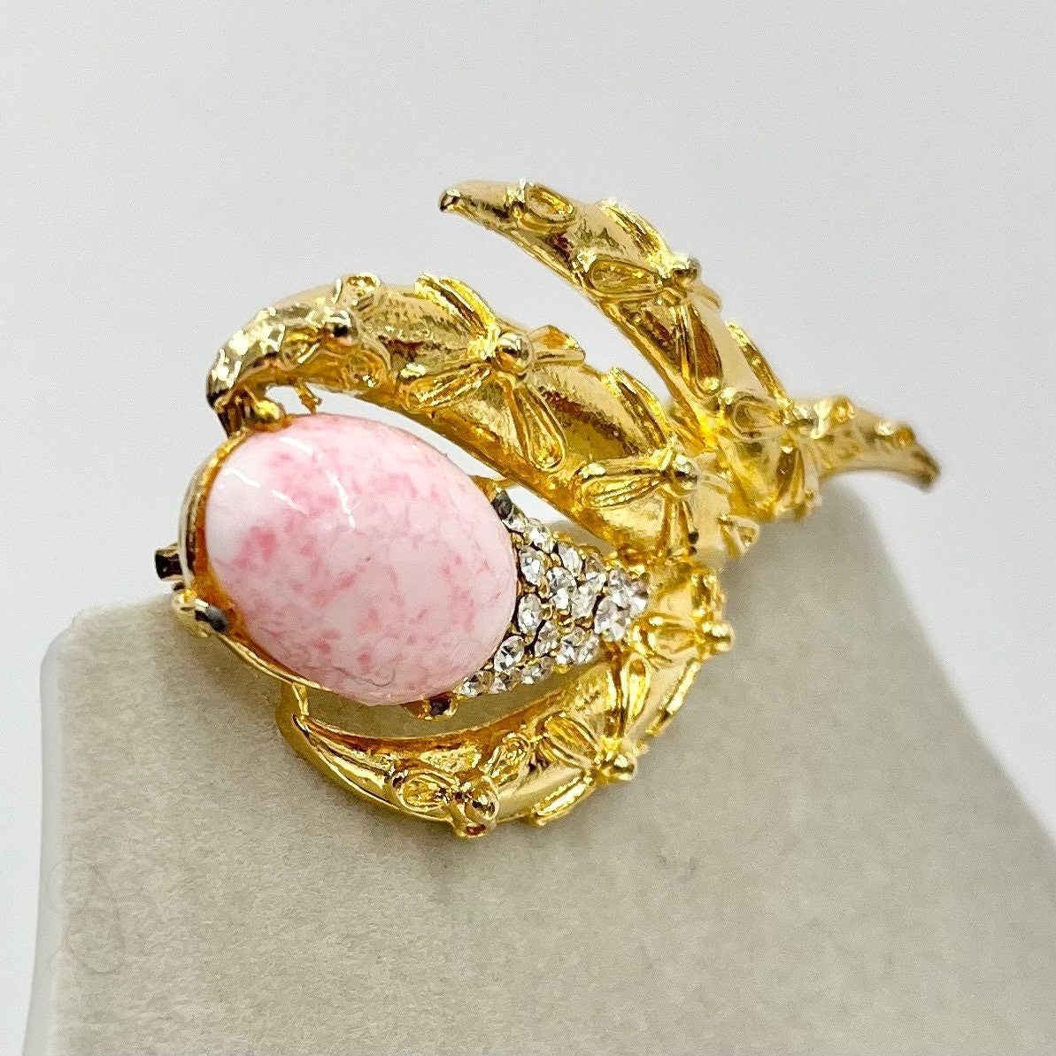 Unusual Vintage Gold Tone Brooch with Clear Crystal Accents & a Pink Glass Cabachon Costume Jewellery Statement Piece TheGreenGlassGemShop