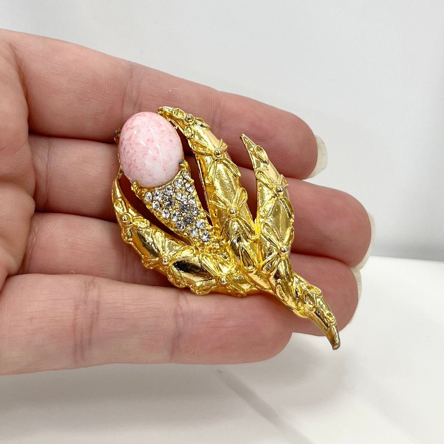 Unusual Vintage Gold Tone Brooch with Clear Crystal Accents & a Pink Glass Cabachon Costume Jewellery Statement Piece TheGreenGlassGemShop