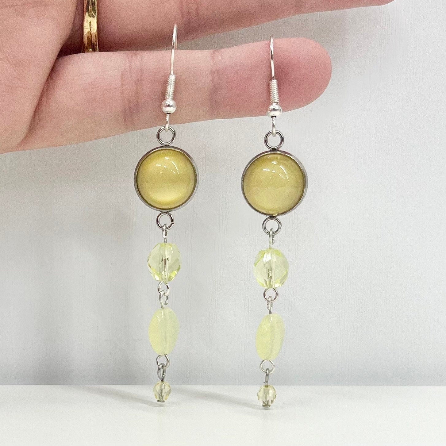 Handmade Long Yellow Uranium Glass Bead Drop Earrings UV Reactive Glow Vintage Czech Firepolished Crystal Beads TheGreenGlassGemShop