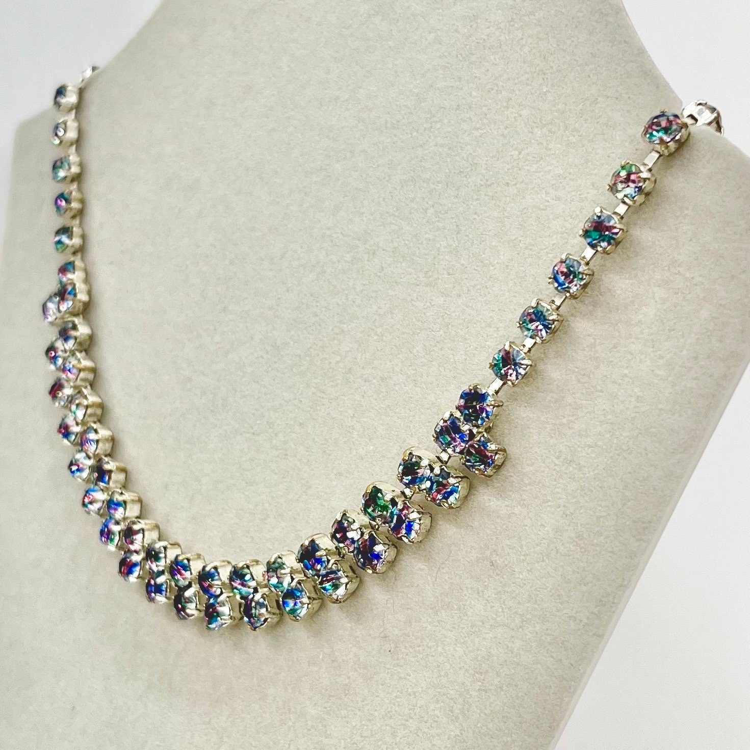 Vintage 1940’s - 1950’s Silver Tone Rainbow Iris Czech Crystal Droplet Necklace Beautiful Sparkling Colours TheGreenGlassGemShop