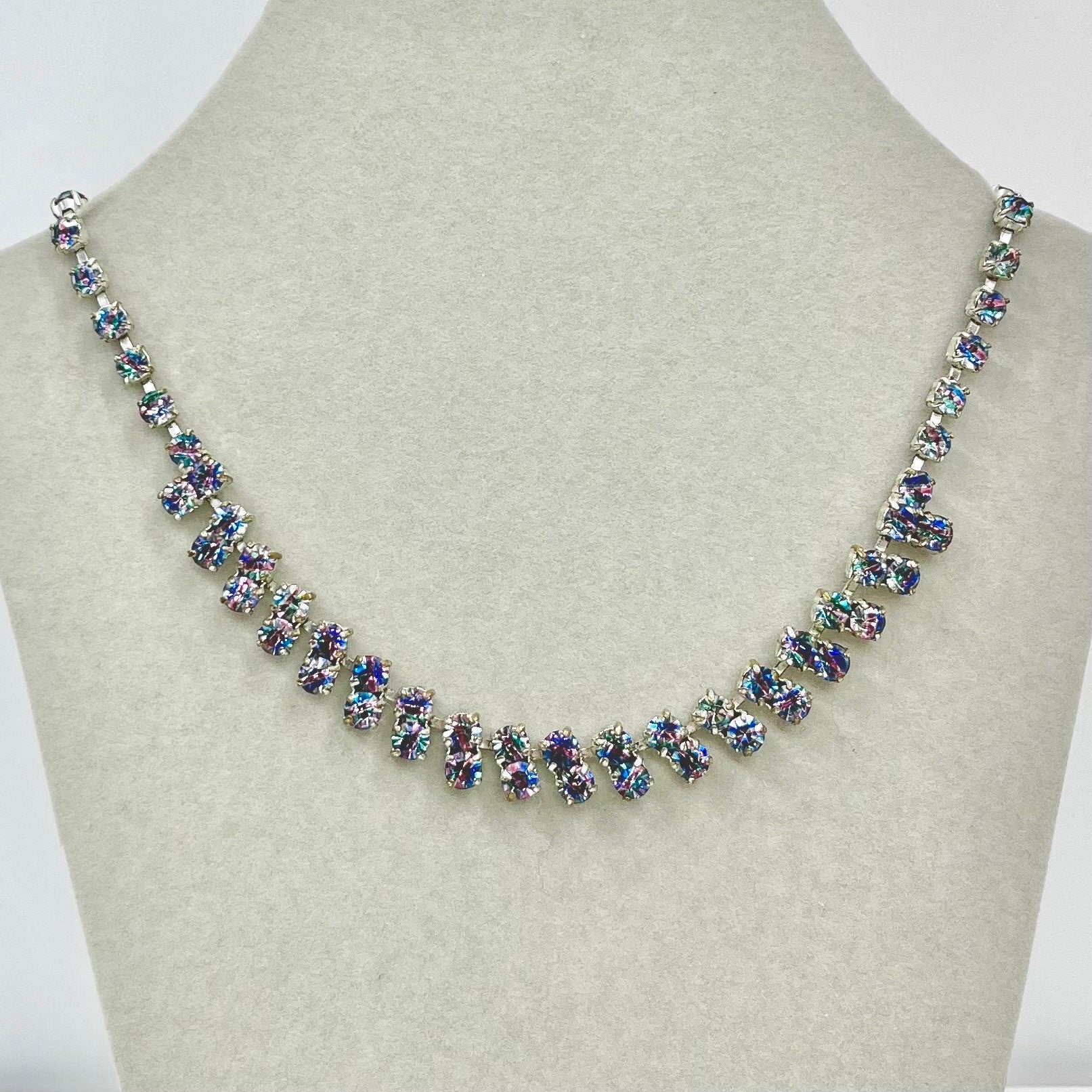 Vintage 1940’s - 1950’s Silver Tone Rainbow Iris Czech Crystal Droplet Necklace Beautiful Sparkling Colours TheGreenGlassGemShop