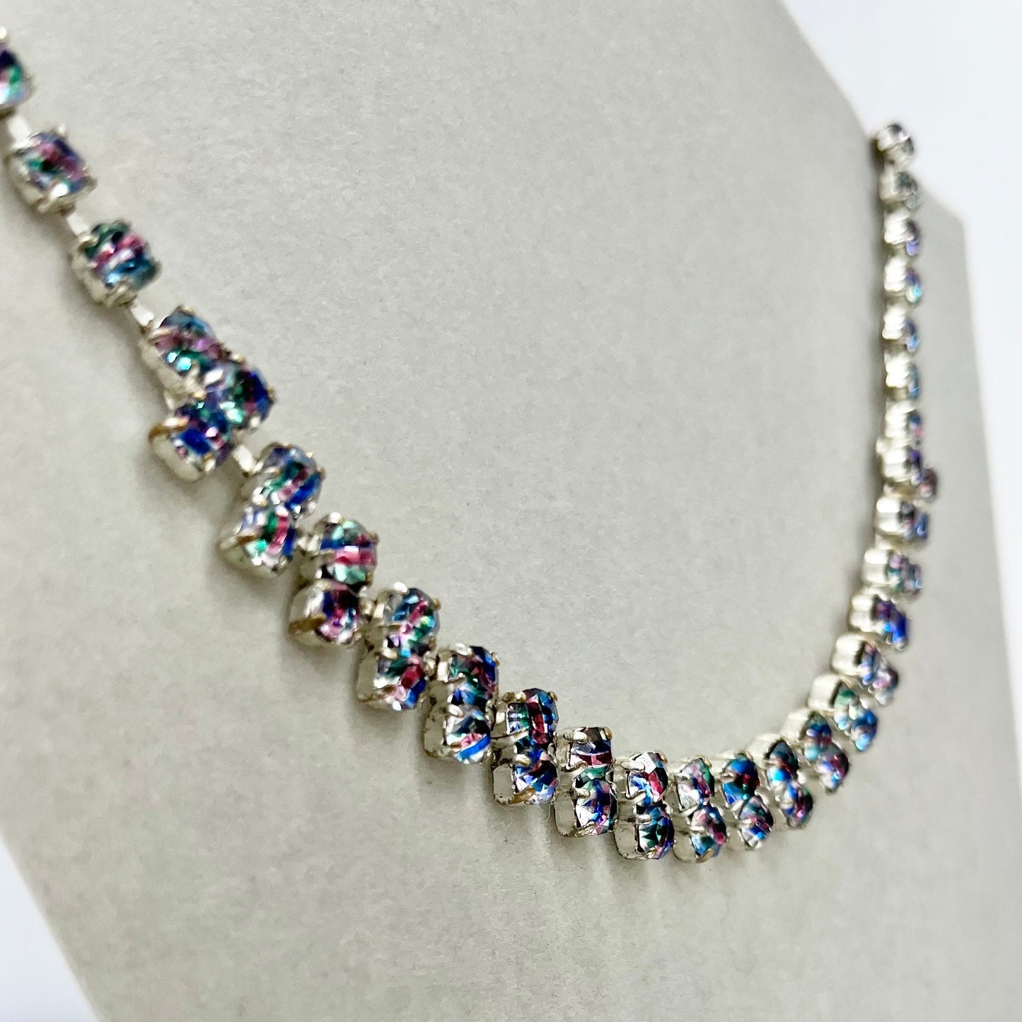 Vintage 1940’s - 1950’s Silver Tone Rainbow Iris Czech Crystal Droplet Necklace Beautiful Sparkling Colours TheGreenGlassGemShop