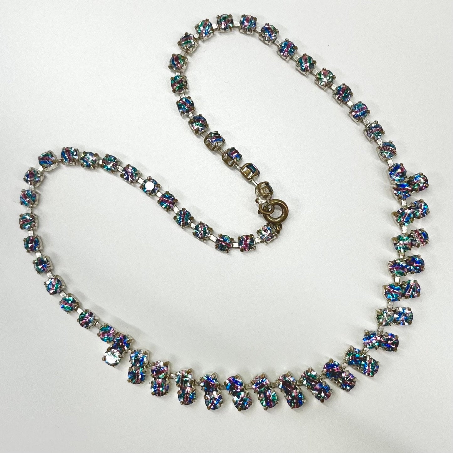 Vintage 1940’s - 1950’s Silver Tone Rainbow Iris Czech Crystal Droplet Necklace Beautiful Sparkling Colours TheGreenGlassGemShop